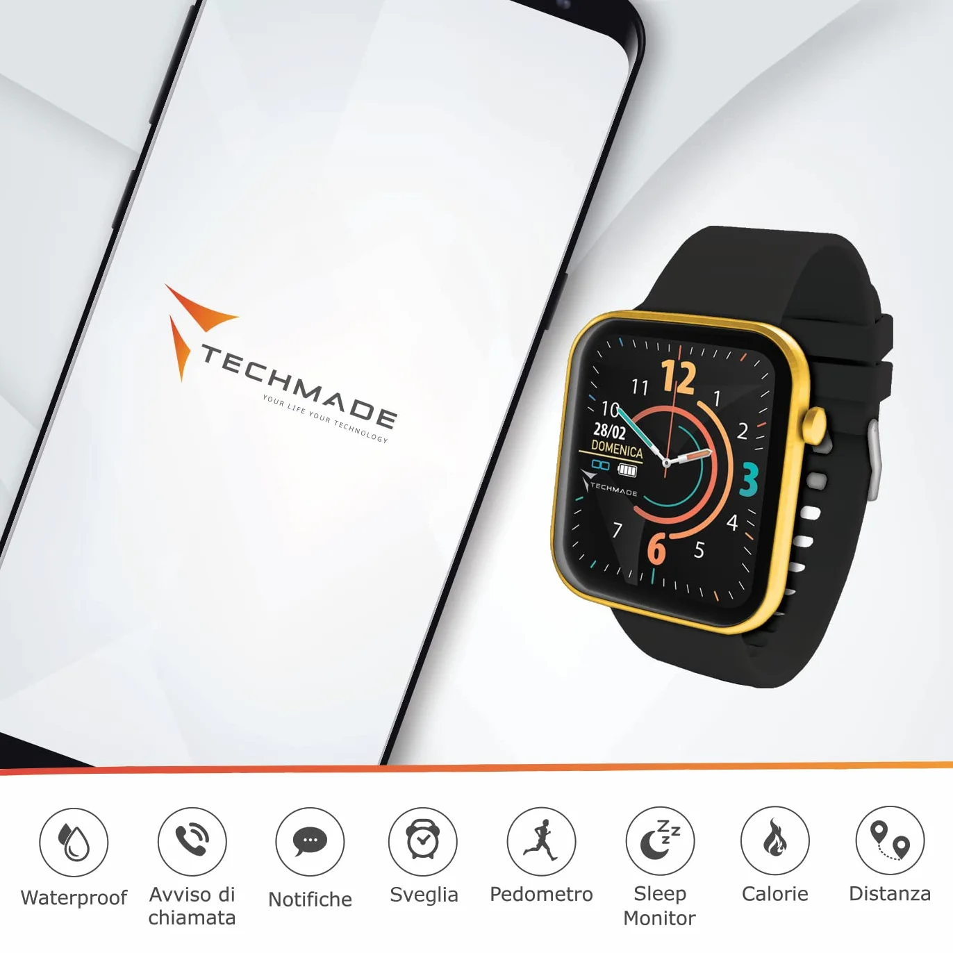 HAVA Smartwatch Techmade Czarny/Złoty Zegarek Fitness Mężczyźni Kobiety Pełny Dotykowy Krokomierz, Kalorie, Stoper, Monitora snu, Konfigurowalne tło, Kontrola muzyczna, Sport