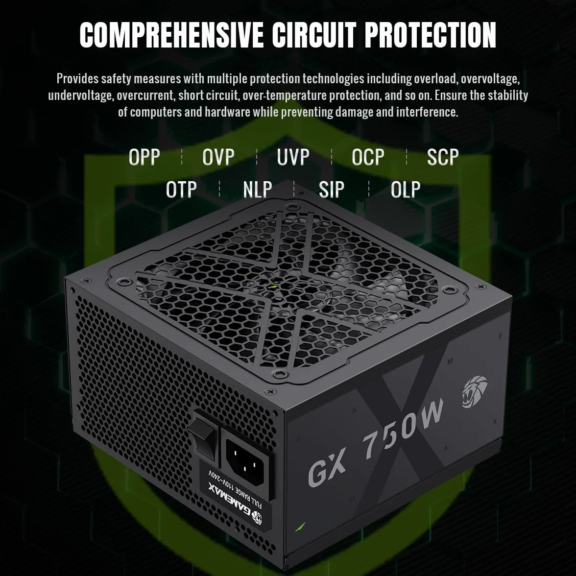 GAMEMAX GX 750GF Zasilacz PC 750W Pełnie Modułowy ATX 3.0, Wsparciem PCIe 5.0, 80 Plus Gold, Wszystkie Kondensatory Stałe, Wentylator FDB o Wymiarach 120mm, 10-Latowa Gwarancja, Czarny