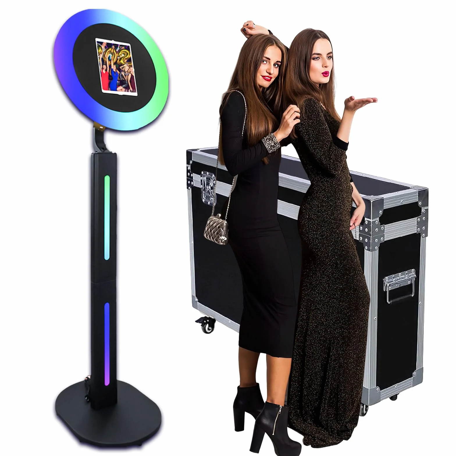 Przenośna fotobudka kompatybilna z iPadem 25.9 cm 27.7 cm 27.9 cm 32.8 cm 32.8 cm 33'' urządzenie do selfie z pierścieniem LED RGB i etui lotnicze na wydarzenia, wynajem weselny (czarna, fotobudka do