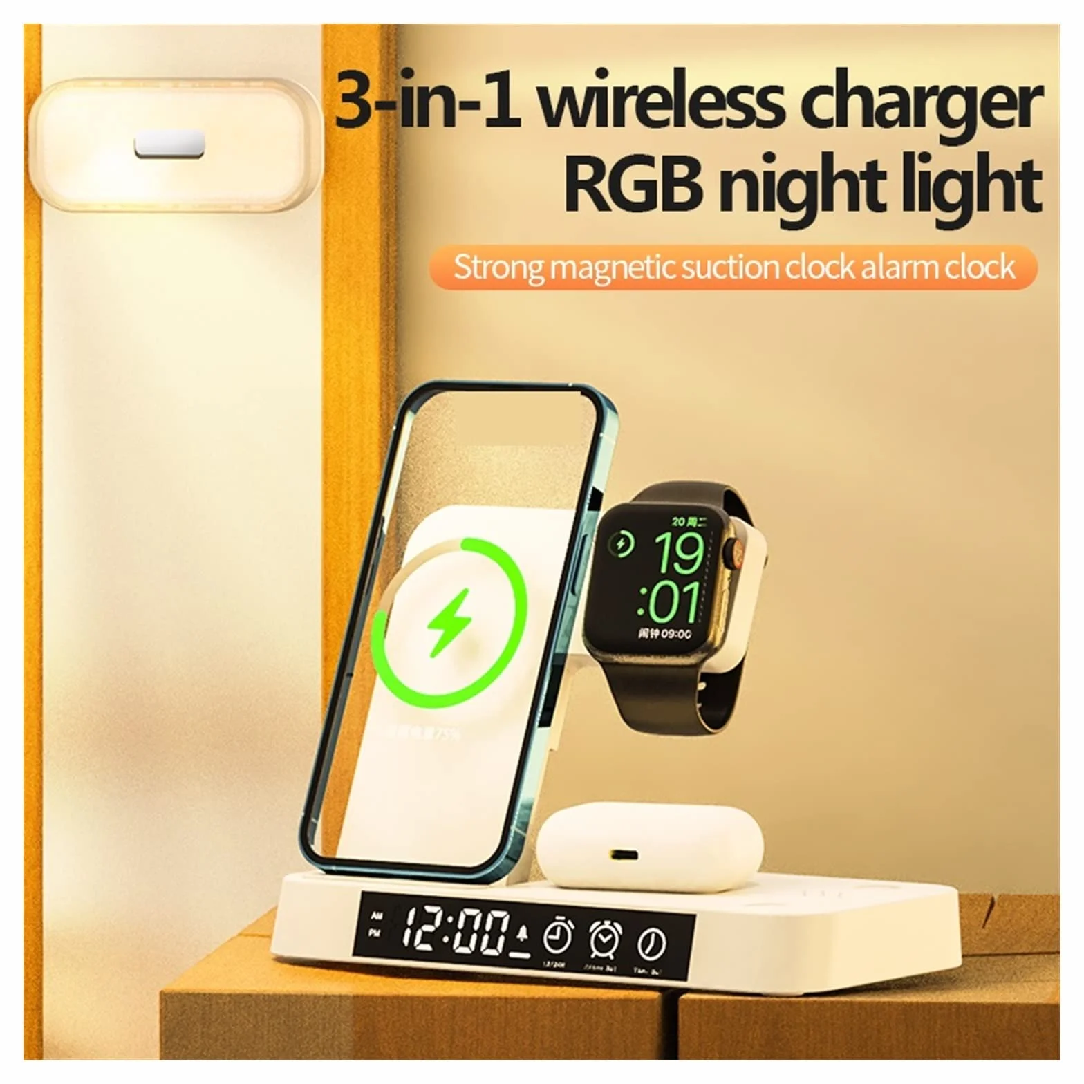 Ładowarka bezprzewodowa, Składana bezprzewodowa stacja ładująca 30 W Zegar RGB do telefonu Szybkie ładowanie słuchawek do zegarka(White with plug)