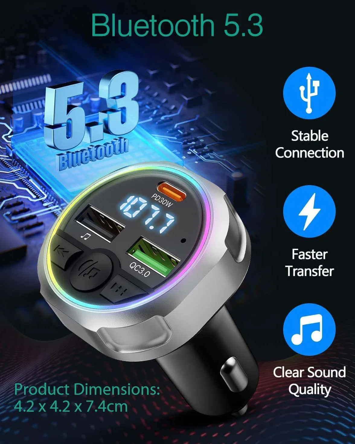 ORIA Nadajnik FM Bluetooth 5.3 60 W, bezprzewodowa ładowarka samochodowa z PD 30 W i QC3.0 18 W, obsługa napędu USB, kolorowe światło oddechowe, połączenia bez użycia rąk, adapter audio radia