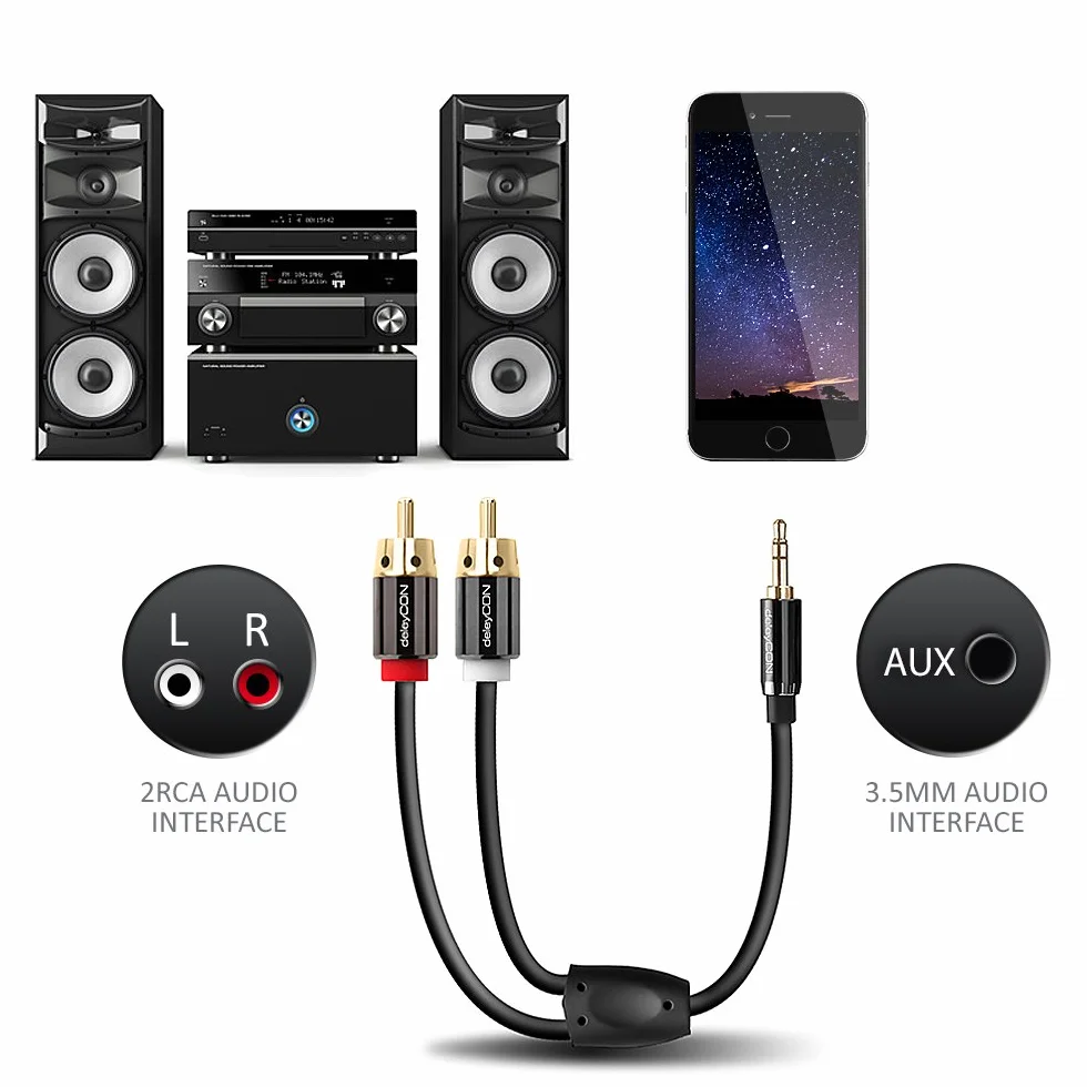 deleyCON 1m Kabel Klinke Cinch 3,5mm Audio Stereo 2x RCA Metalowe Wtyki Czarny