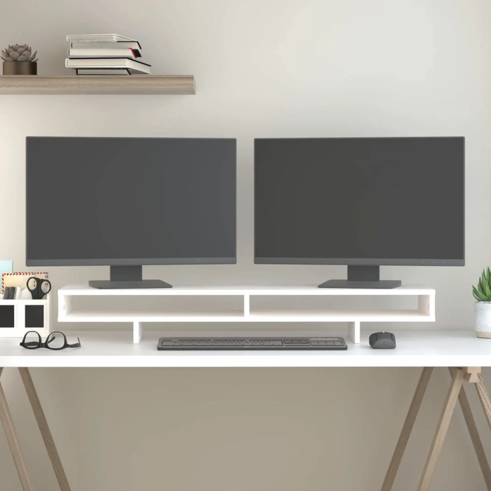 ShGaxin Stojak na monitor, stojak na ekran komputera, stojak na monitor biurko, akcesoria biurowe, akcesoria biurkowe, podstawa monitora, lite drewno sosnowe białe 100 x 27 x 14 cm