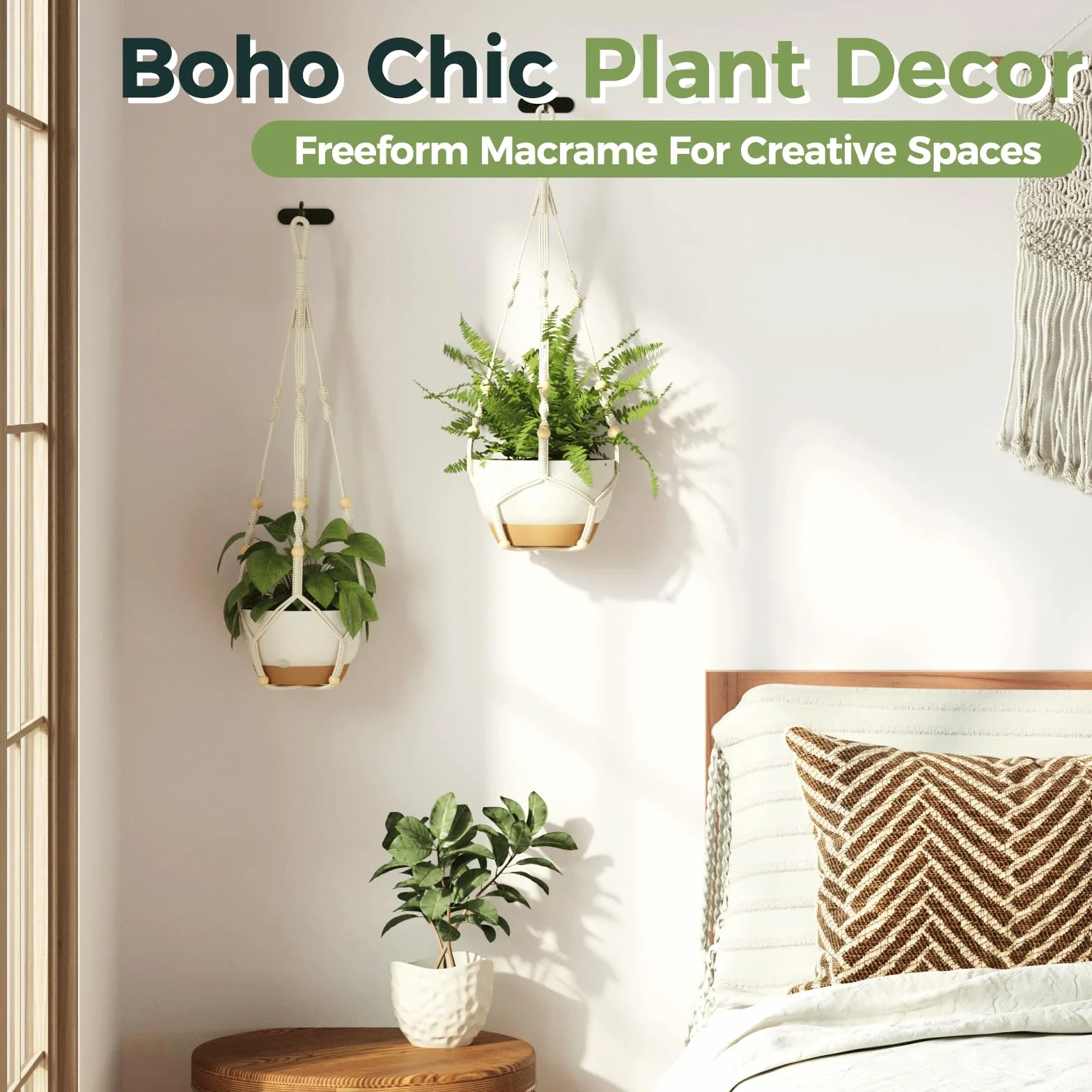 Bamworld Makramowy Wiszący Kwietnik 90 cm Donica Drewniane Koraliki Boho Ecru