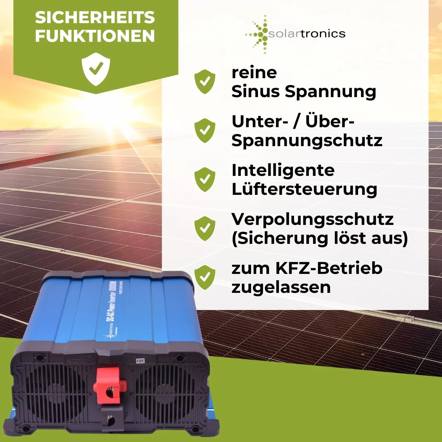 SOLARTRONICS Przetwornica napięcia FS2000DR 12 V 2000 W - falownik 12 V na 230 V - czysty sinus - kompatybilny z LiFePO4/litową, ołowiową, żelową lub AGM - USB - pilot zdalnego sterowania opcjonalnie