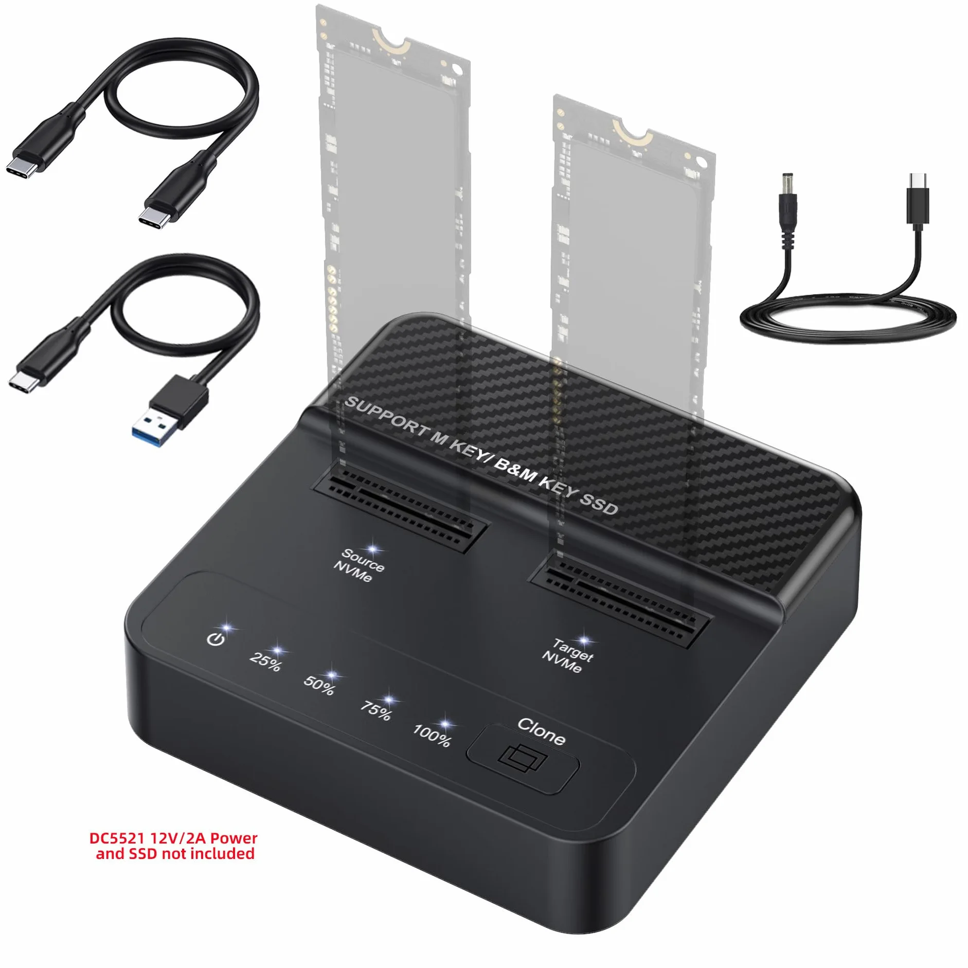 NVMe M.2 Double Bay Cloner, adapter M-Key na USB-C Type-C, offline Backup Box z klonowaniem jednym kliknięciem, szybki, pionowy powielacz 20 Gb/s