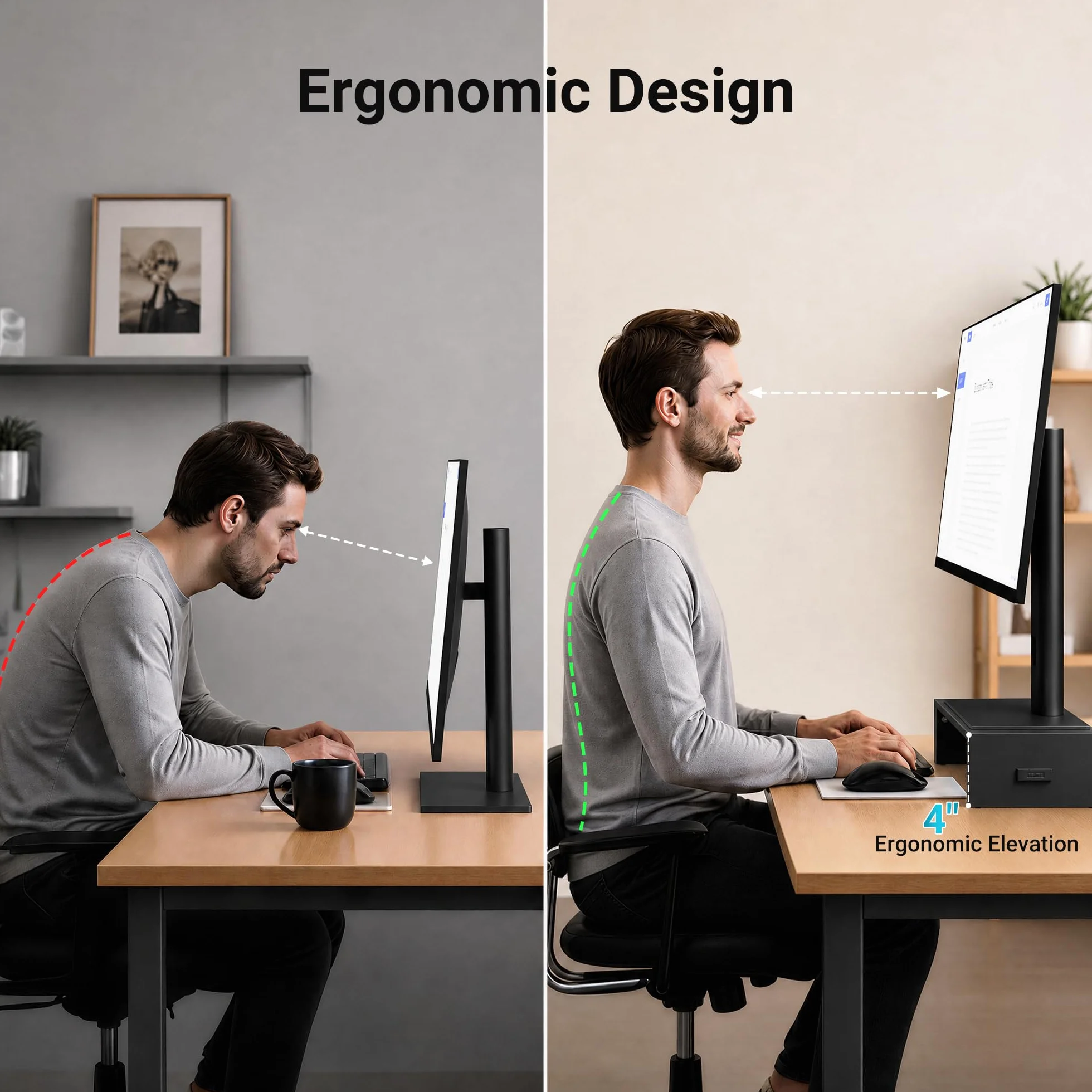 BONTEC Podstawka pod monitor, stojak na monitor, uchwyt na telefon, ergonomiczna podstawka pod drukarkę, pod laptopa z miejscami na kable, do komputerów, notebooków, iMaców, Pecetów, 42 cm, czarny