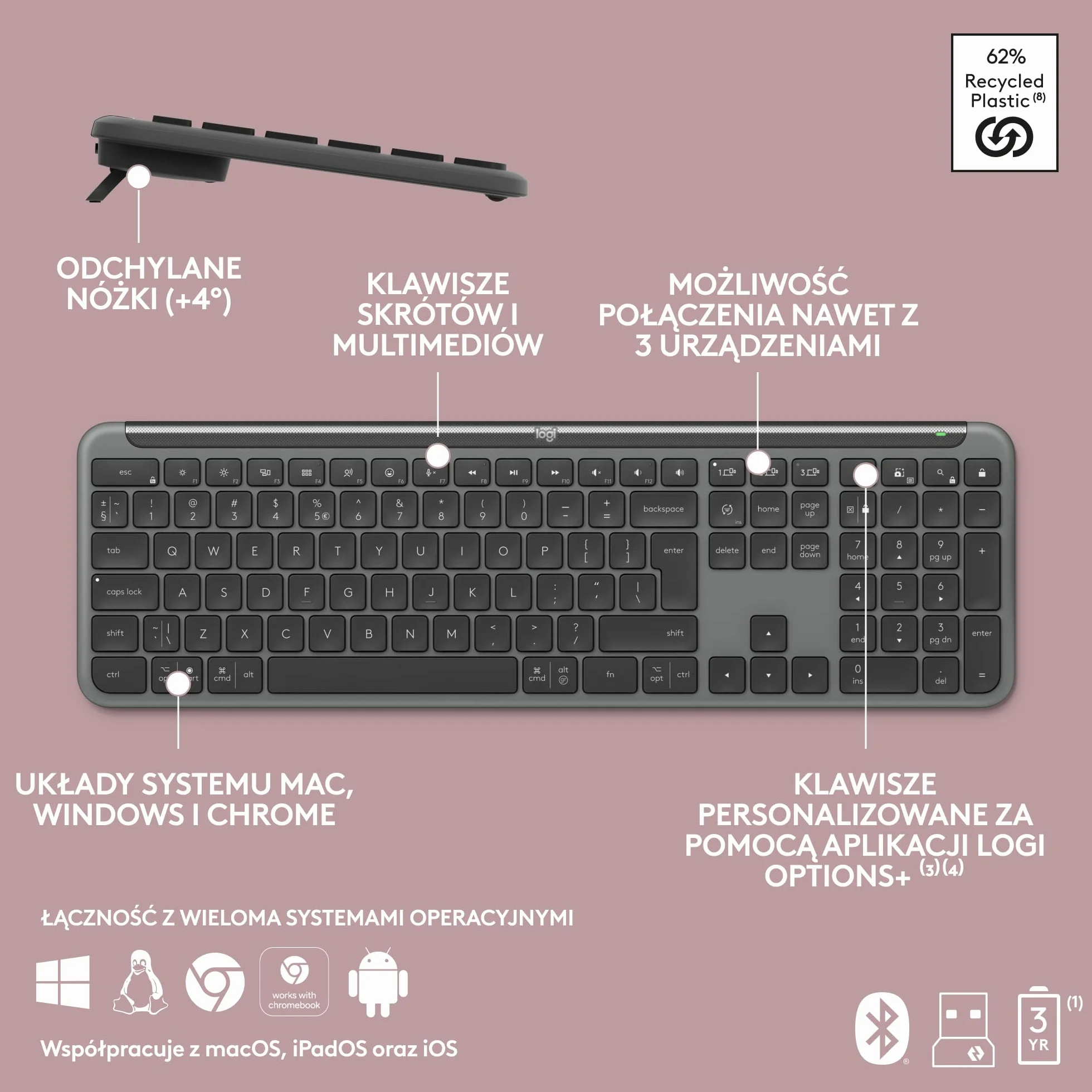 Logitech MK950 Signature Slim, zestaw bezprzewodowej klawiatury i myszy, elegancki design, ciche pisanie, przełączanie między 3 urządzeniami, Bluetooth, wiele OS, Windows, Mac, QWERTY US INT'L, Grafit
