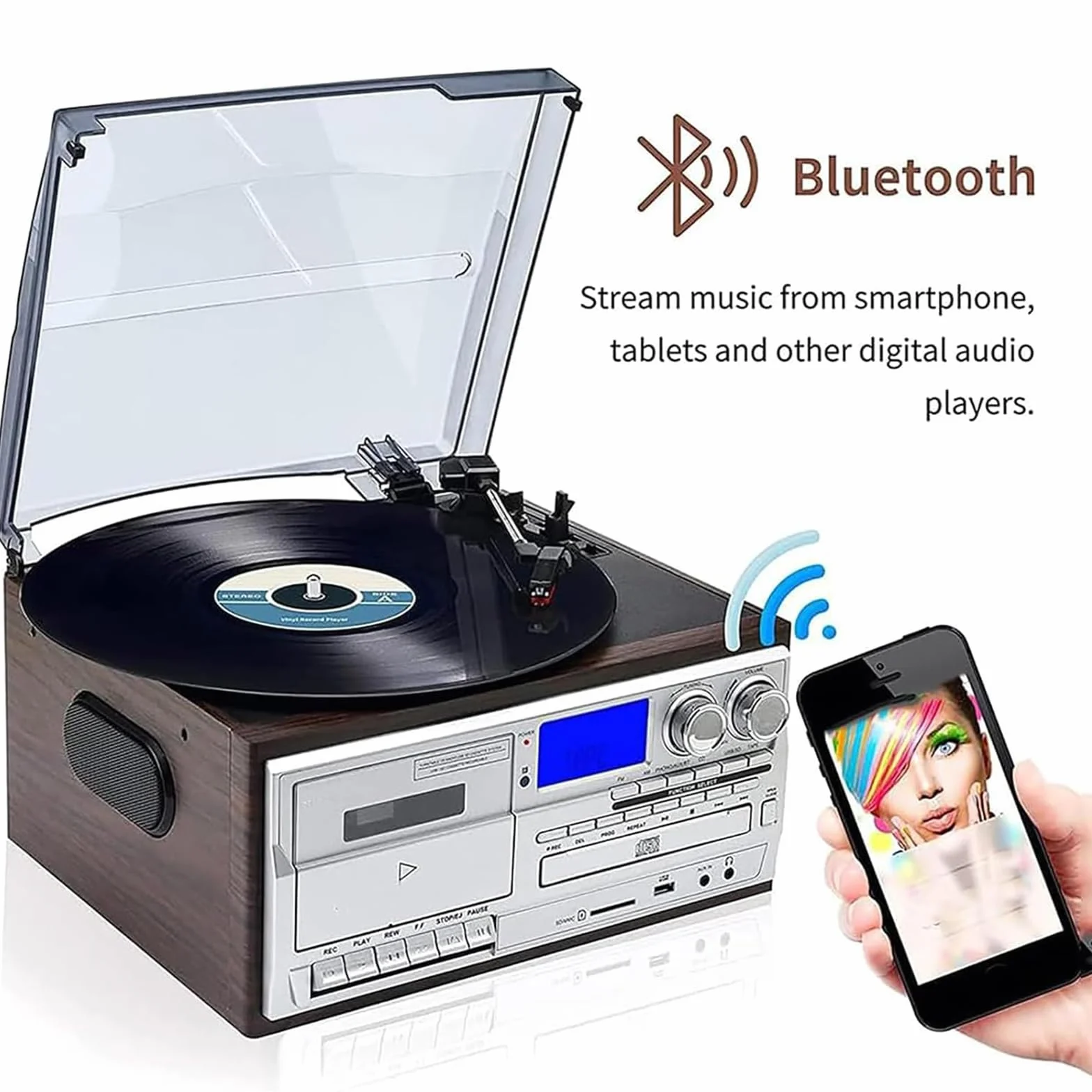 Retro Centrum Muzyczne, Gramofon Z Magnetofonem Kasetowym I Odtwarzaczem CD, 3 Prędkości Z Pokrywą Przeciwkurzową, Bluetooth Radio FM USB I Wbudowane Głośniki Stereo