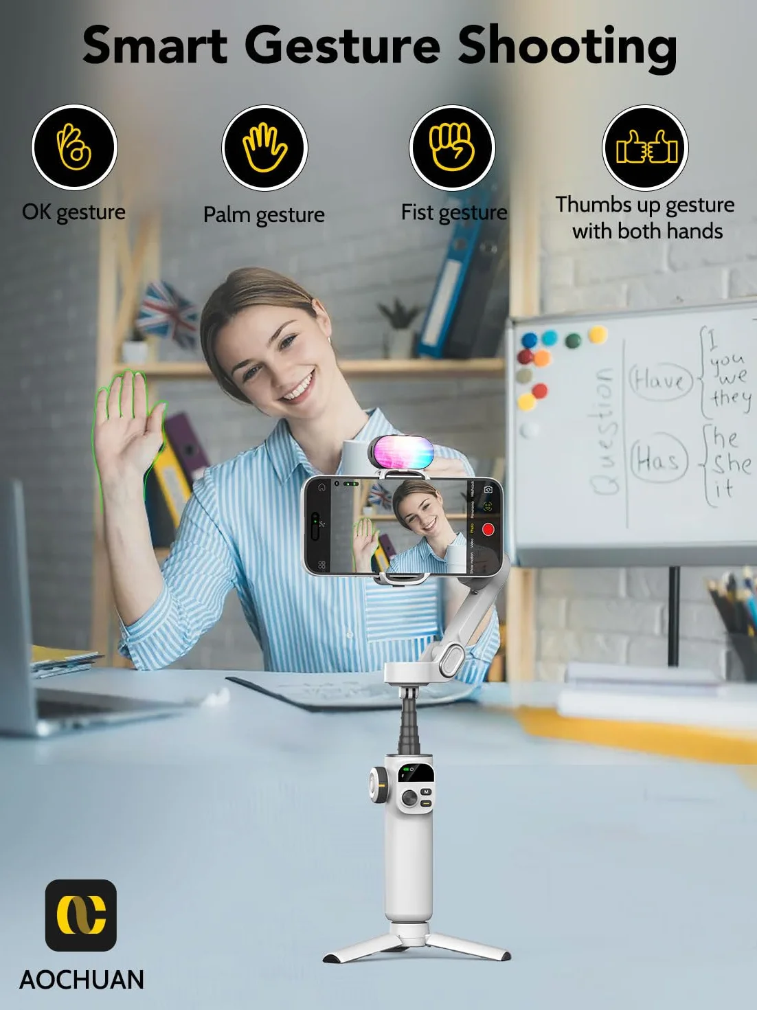AOCHUAN Smart X2 3-osiowy stabilizator gimbala do smartfona z regulowanym światłem wypełniającym RGB, wbudowany drążek przedłużający 20 cm, ekran OLED do zdjęć nocnych, nagrywania wideo, zestaw X2,