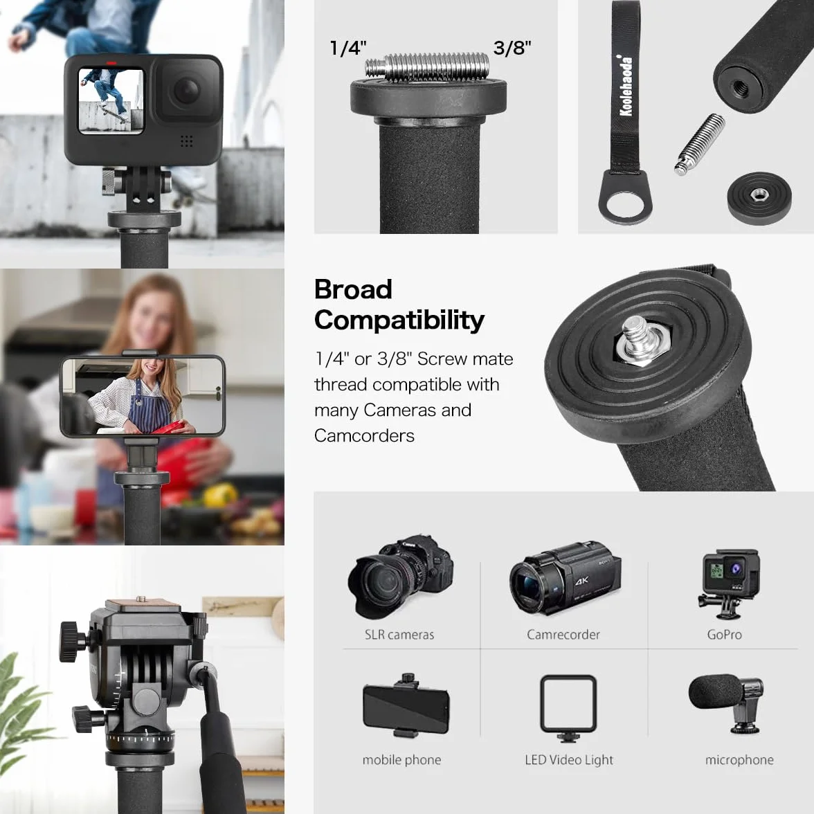 Koolehaoda K-288 Monopod ze zdejmowaną podstawą statywu, stop aluminium 5-sekcyjny, wysokość 50 cm-168 cm, maksymalny udźwig 5 kg do fotografii podróżniczej