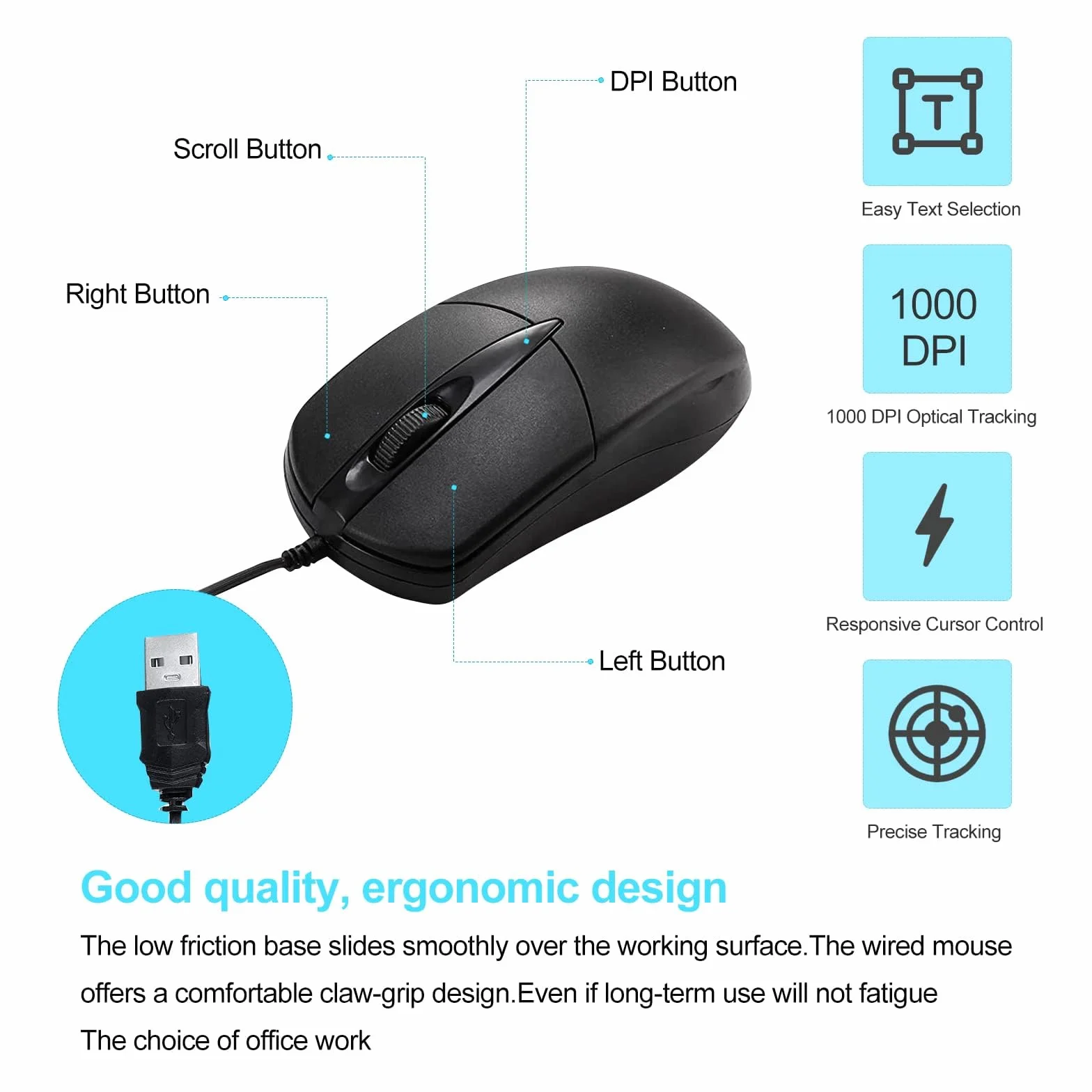 Czarna przewodowa mysz komputerowa USB - 1000 DPI 3 przyciski przewodowa z domowym biurem bezgłośna prosta do laptopa komputera stacjonarnego (YX-Mouse60)