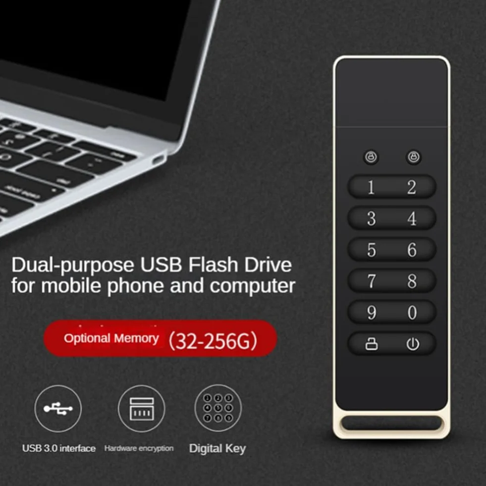 Bezpieczny dysk USB, 128 GB szyfrowany dysk flash USB sprzętowa karta pamięci z klawiaturą USB 3.0 dysk Flash czarny