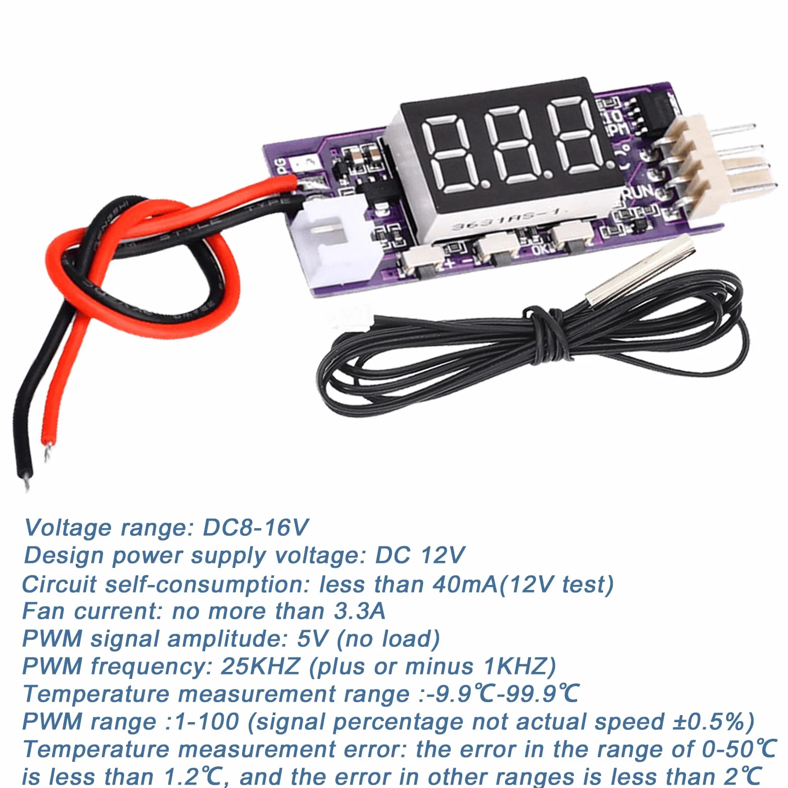 PWM Fan Speed Control Module, DC 12V 3A 4-przewodowy regulator wentylatora z dwiema sondami, moduł kontroli prędkości wentylatora, kontroler PWM, automatyczny czujnik NTC do wentylatora 3000