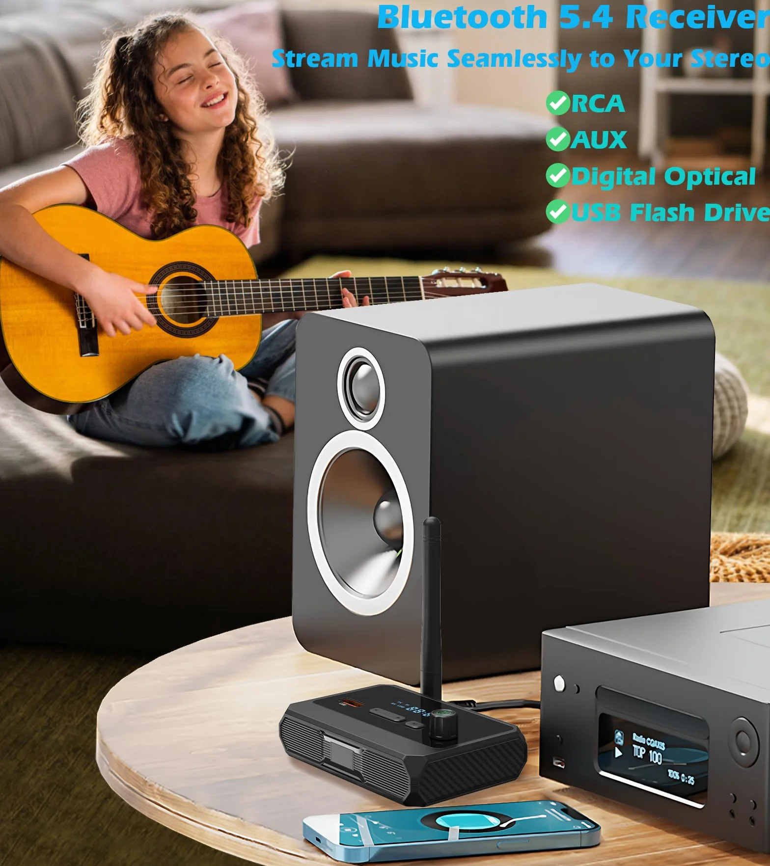KAIY Odbiornik Bluetooth 5.3 do domowego stereo, niskie opóźnienia i muzyka HD, adapter Bluetooth na RCA, do stereo, głośników, przewodowych głośników, domowego systemu strumieniowego przesyłania