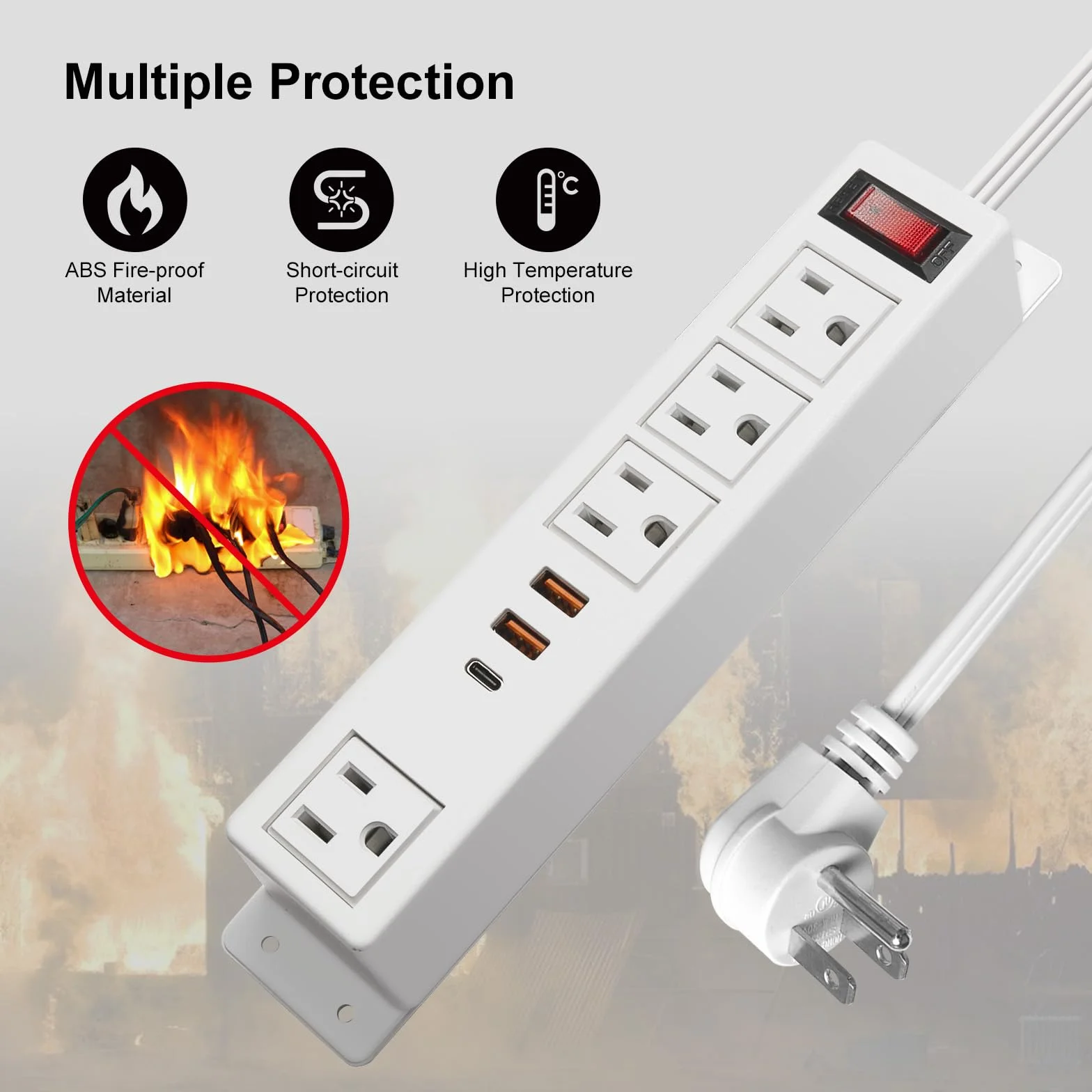 20 W USB C Multi Outlet Wall Mount Computer Extension Cord 4 Outlets, 3 porty USB (2 QC USB-A i 1 PD USB-C) płaskie porty domowe,