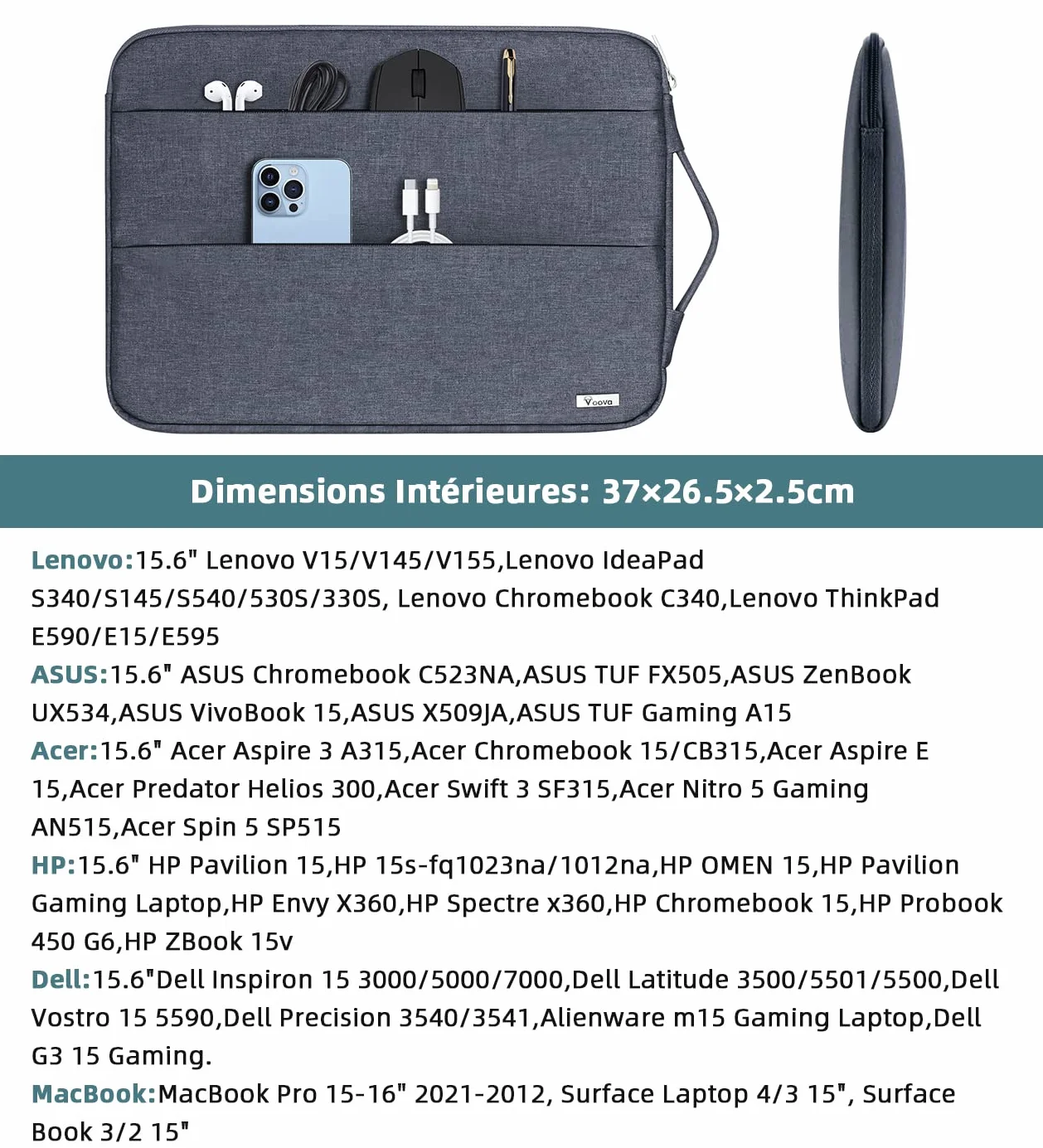 Voova Pokrowiec na laptopa wodoodporna 15 15,6 16 cali Macbook Pro HP Lenovo Acer ASUS Dell Fujitsu Gigabyte HUAWEI ciemnoszara