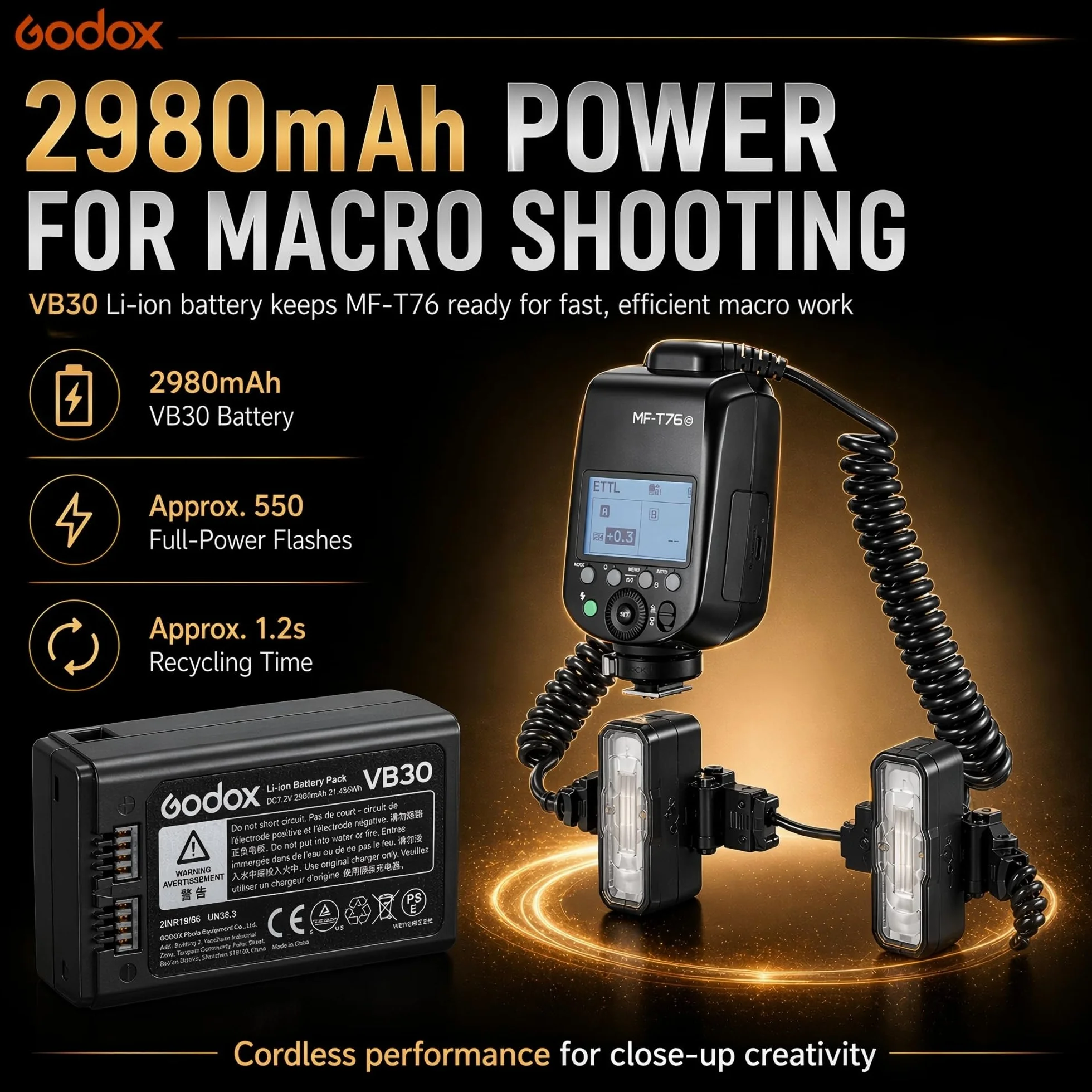 Godox MF-T76N TTL makro podwójna lampa błyskowa do Nikon, 76 W GN22,4 Twin Flash z regulowanymi podwójnymi głowicami, recykling 1,2 s, HSS, do fotografii makro, biżuterii, owadów i fotografii