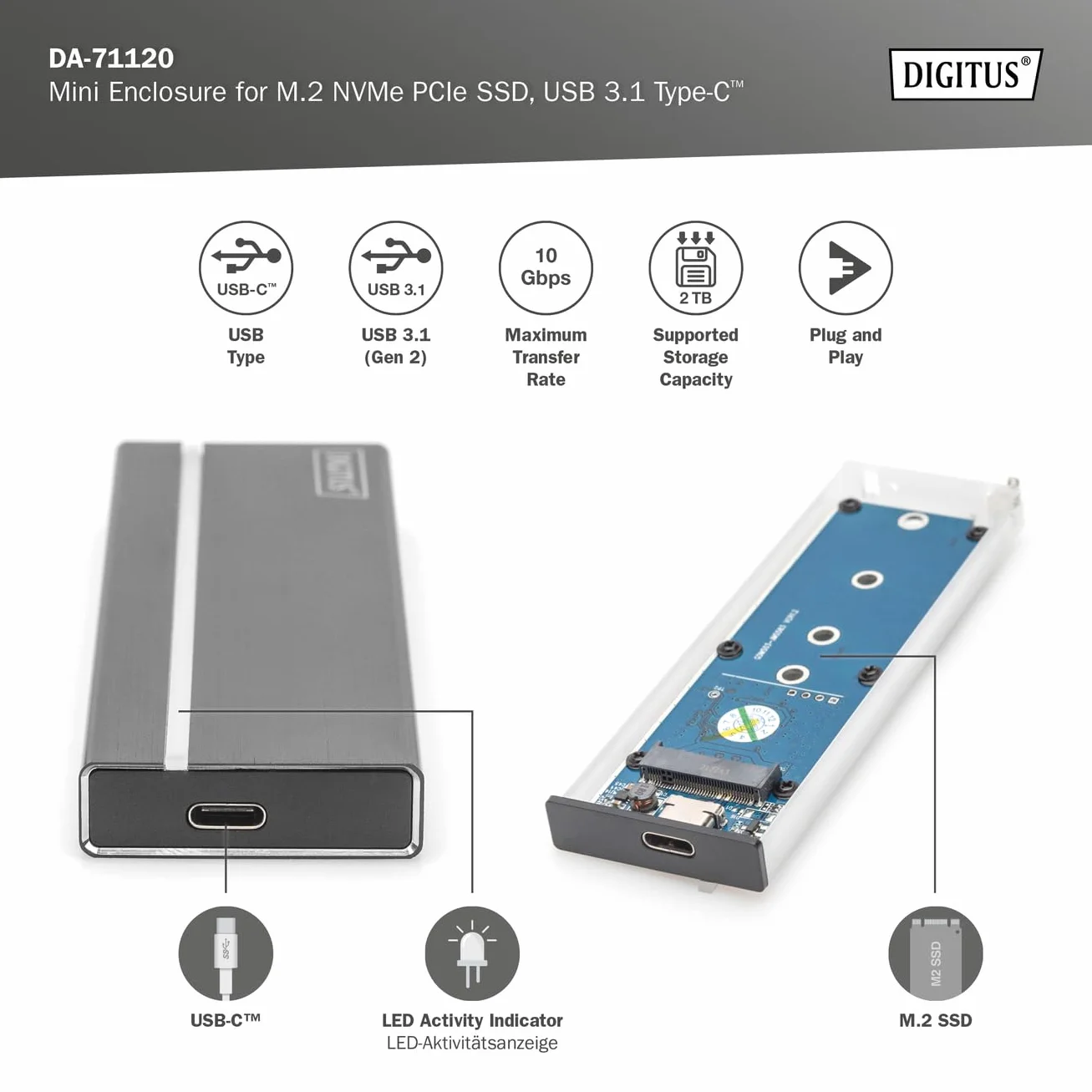 DIGITUS Zewnętrzna obudowa USB typu C 3.1 do dysków SSD M.2 NVMe - moduł M.2 typu 2280, 2260, 2242, 2230 - M/B+M-Key - do 10 Gbit/s - z kablem USB-C - Czarny