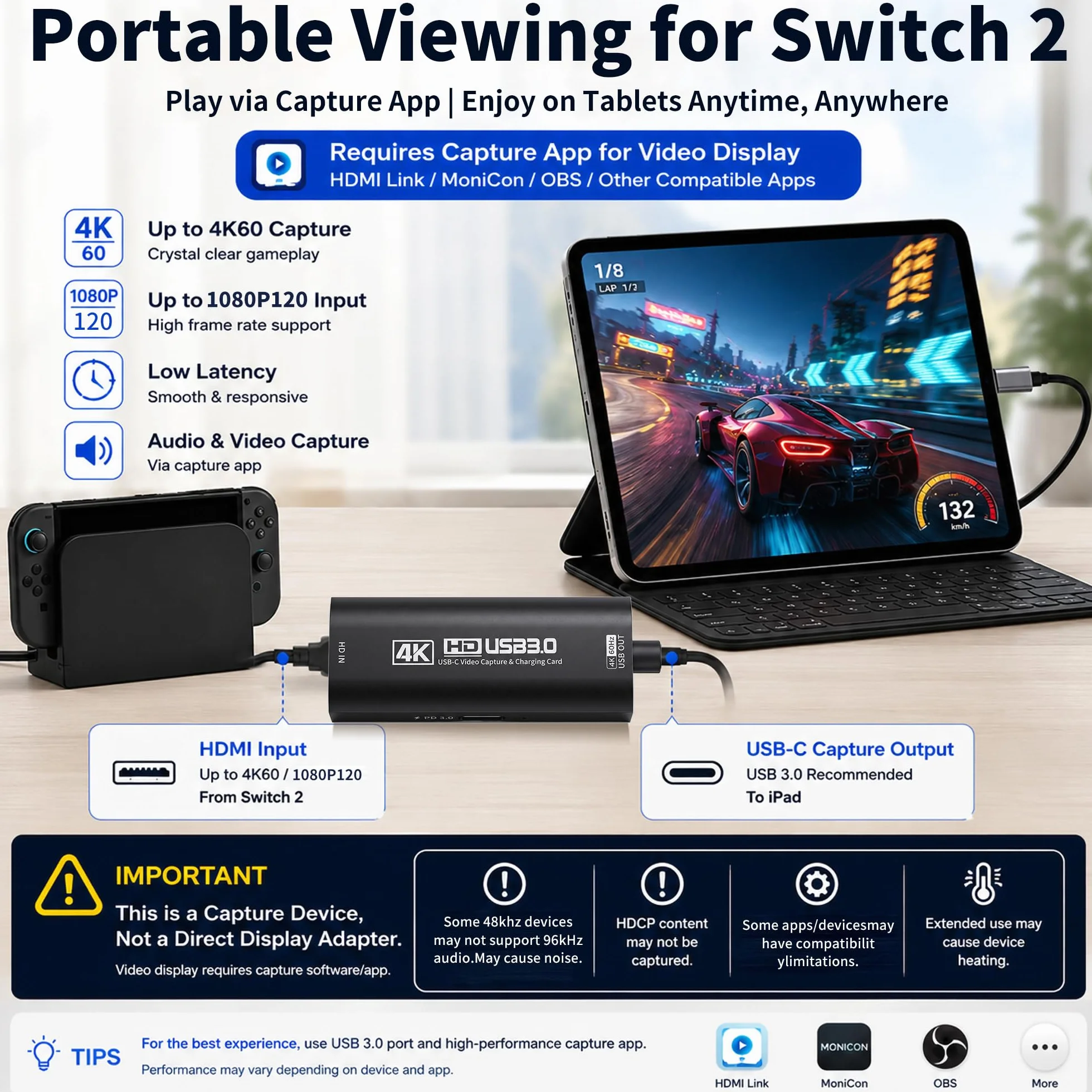 Guermok, Karta przechwytująca HDMI, 4K60FPS / 2K120FPS, PD100W, streaming | Streaming, nagrywanie i granie z niskim opóźnieniem, Obsługuje konsole przenośne, Plug & Play bez sterowników, kamery, PD100W