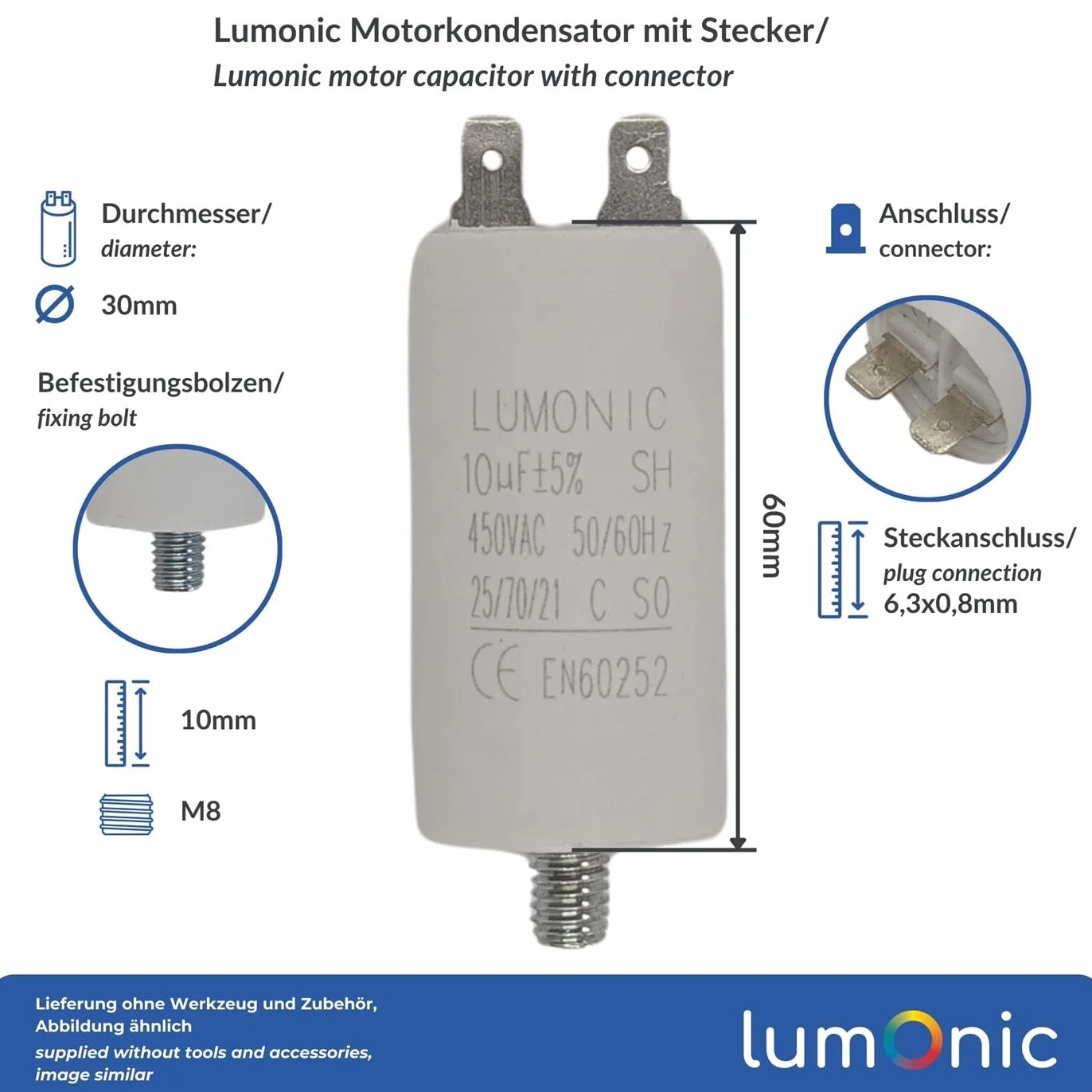 Lumonic Kondensator rozruchowy 10µF 450V 30x60mm silnikowy