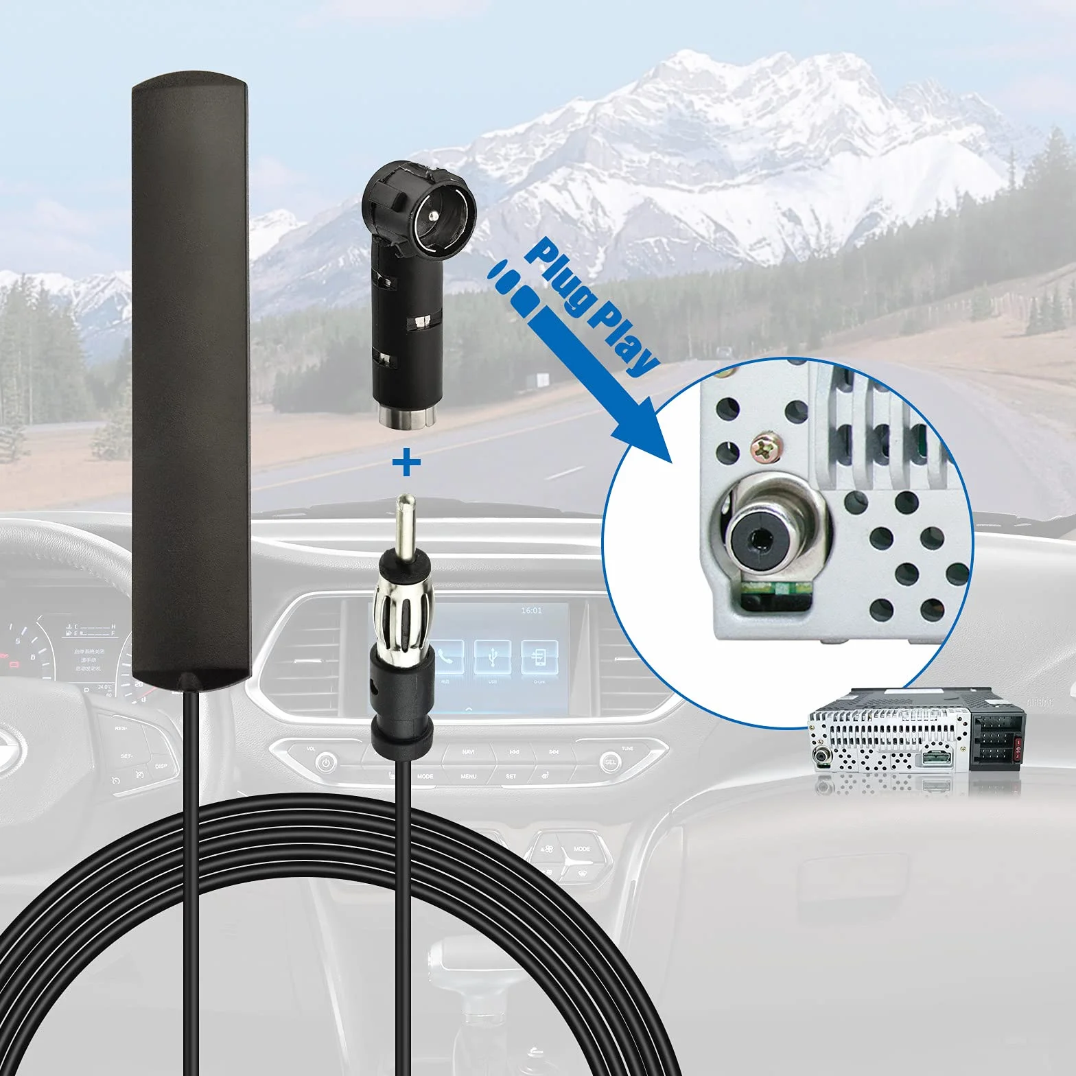 Eightwood Antena samochodowa FM 3 metry Adapter DIN żeński do ISO do radia FM