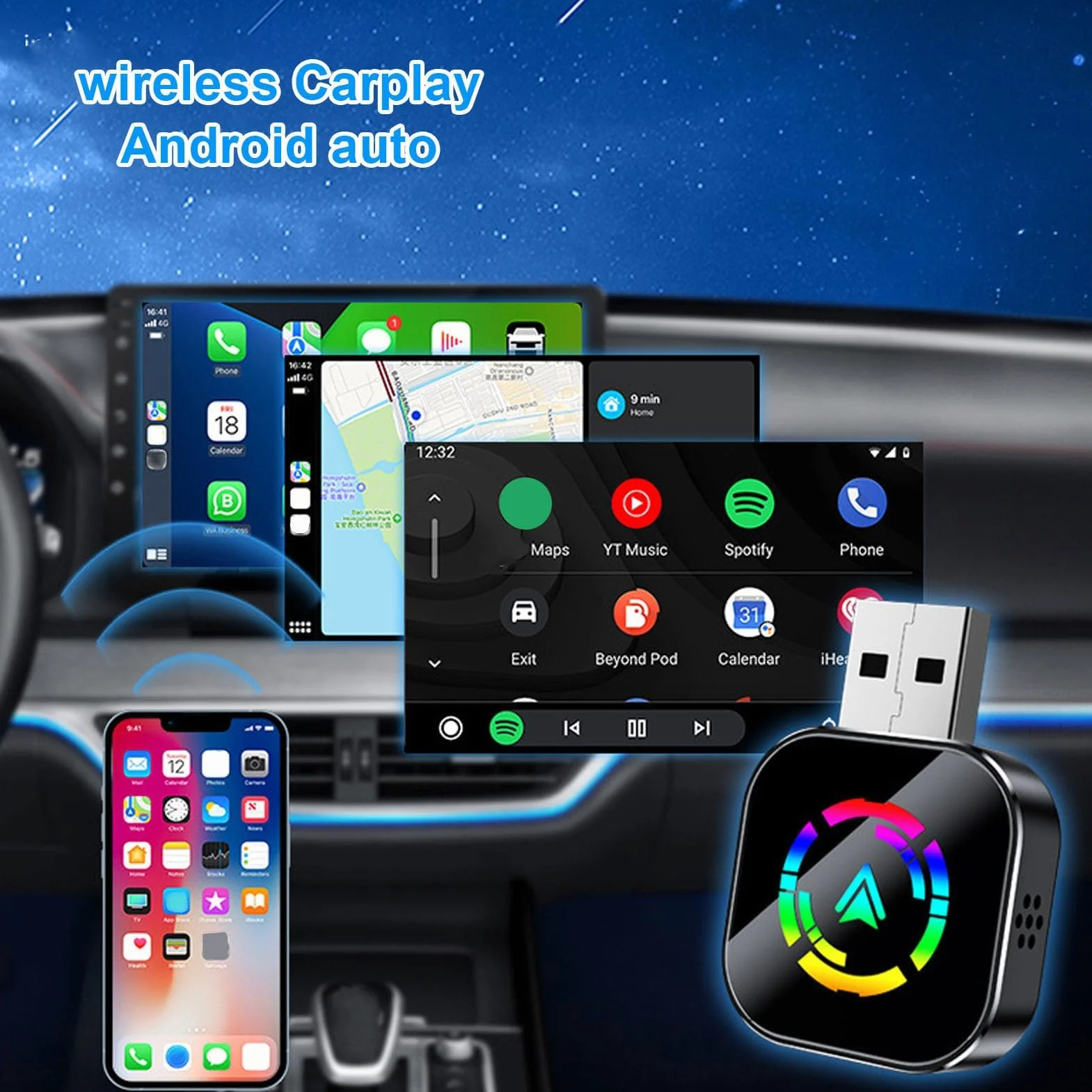 Ejoyous 2-w-1 Bezprzewodowy Adapter Auto 5.8 GHz WLAN z Adapterem Typu C USB IOS 6+ 10+