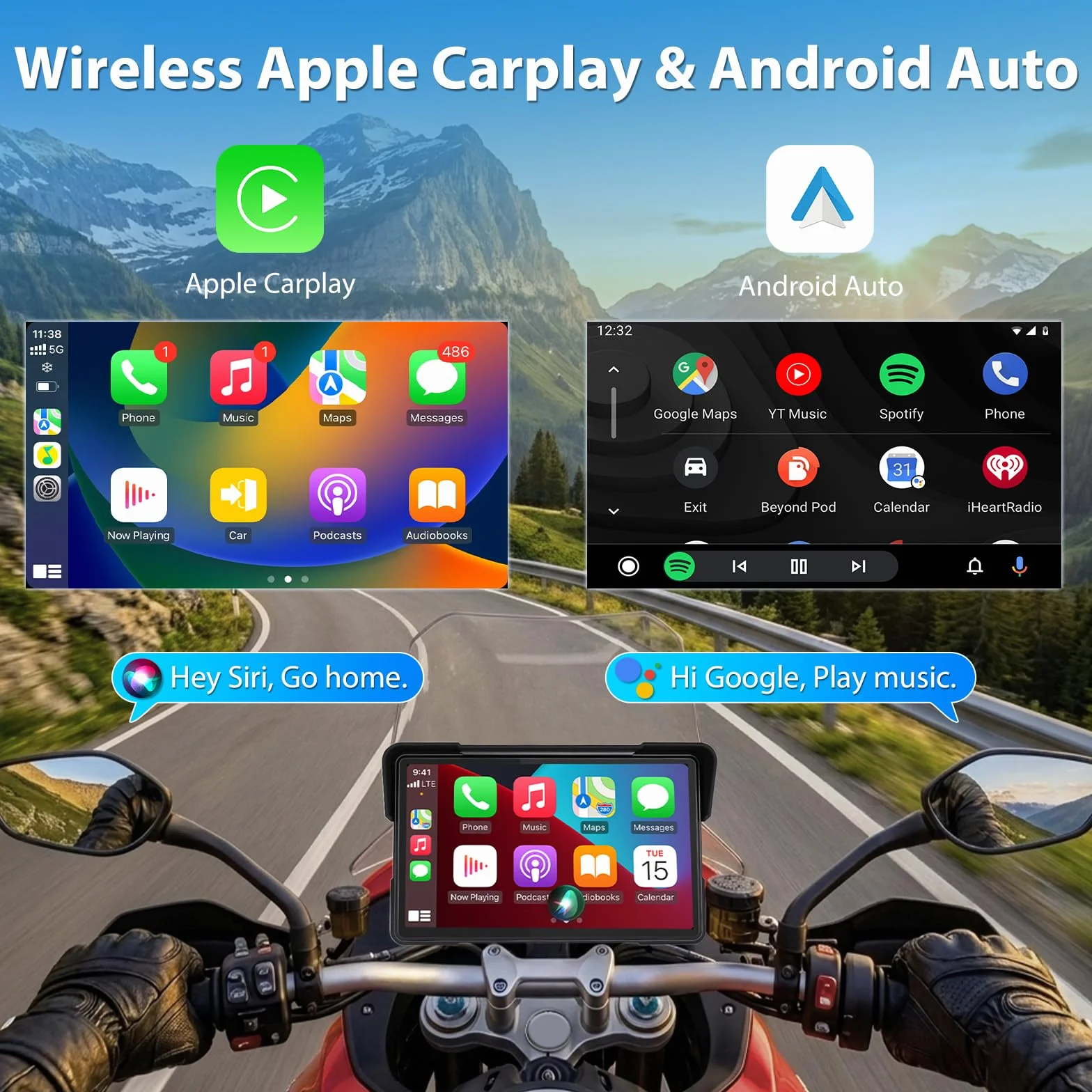 CarPlay 7-calowy wyświetlacz motocyklowy, bezprzewodowy, nawigacja z systemem Android, z kablem zasilającym USB, czujnik ciśnienia w oponach, wodoszczelność IP67, nawigacja motocyklowa, podwójny
