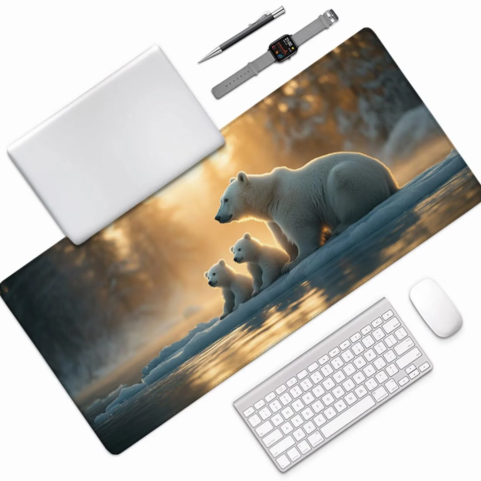 Podkładka pod mysz do gier scena śnieżna 1000x500x3mm, XXL Bear Desktop Mat z antypoślizgową gumową podstawą, podkładka pod mysz z szytymi krawędziami, akcesoria do gier, D-4635