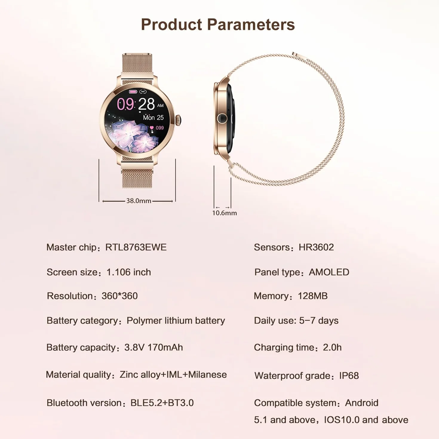 LONGLU Smart Watch dla kobiet z połączeniem Bluetooth, smartwatch kompatybilny dla telefonów iOS i Android z odbieraniem/wykonywaniem połączeń Wodoodporne tętno Ciśnienie krwi Tlen sen (złoto)