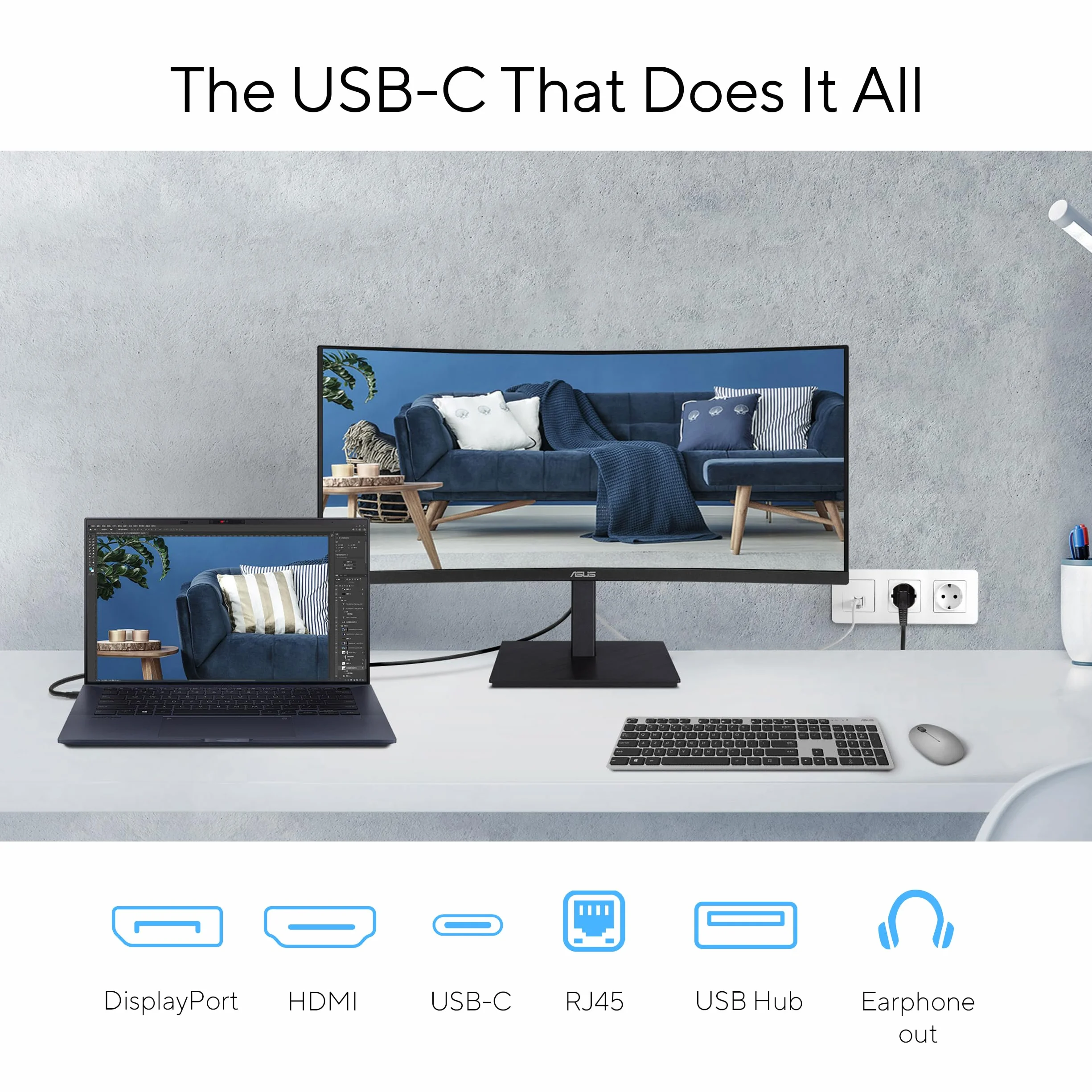 ASUS Business VA34VCPSR 34-calowy zakrzywiony monitor, szeroki QHD (3440 x 1440), HDMI, DisplayPort, Hub USB, port RJ45 LAN, ergonomiczna konstrukcja, wolne od migotania, niebieski, czarny