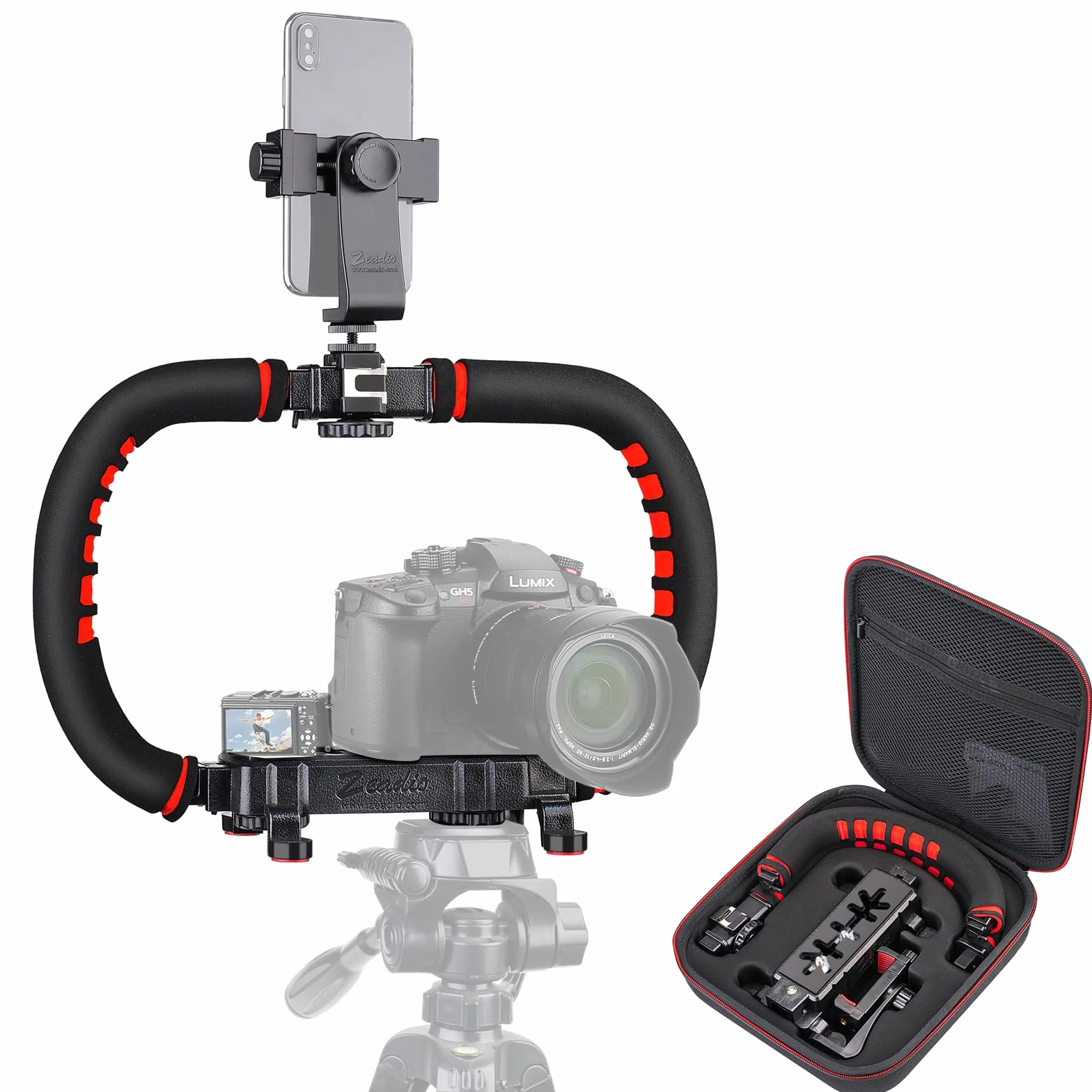 Zeadio Stabilizator aparatu, smartfona, składany uchwyt, ręczny zestaw wideo z futerałem, pasuje do wszystkich aparatów, kamer, kamer akcji, lustrzanek cyfrowych i wszystkich smartfonów iPhone i