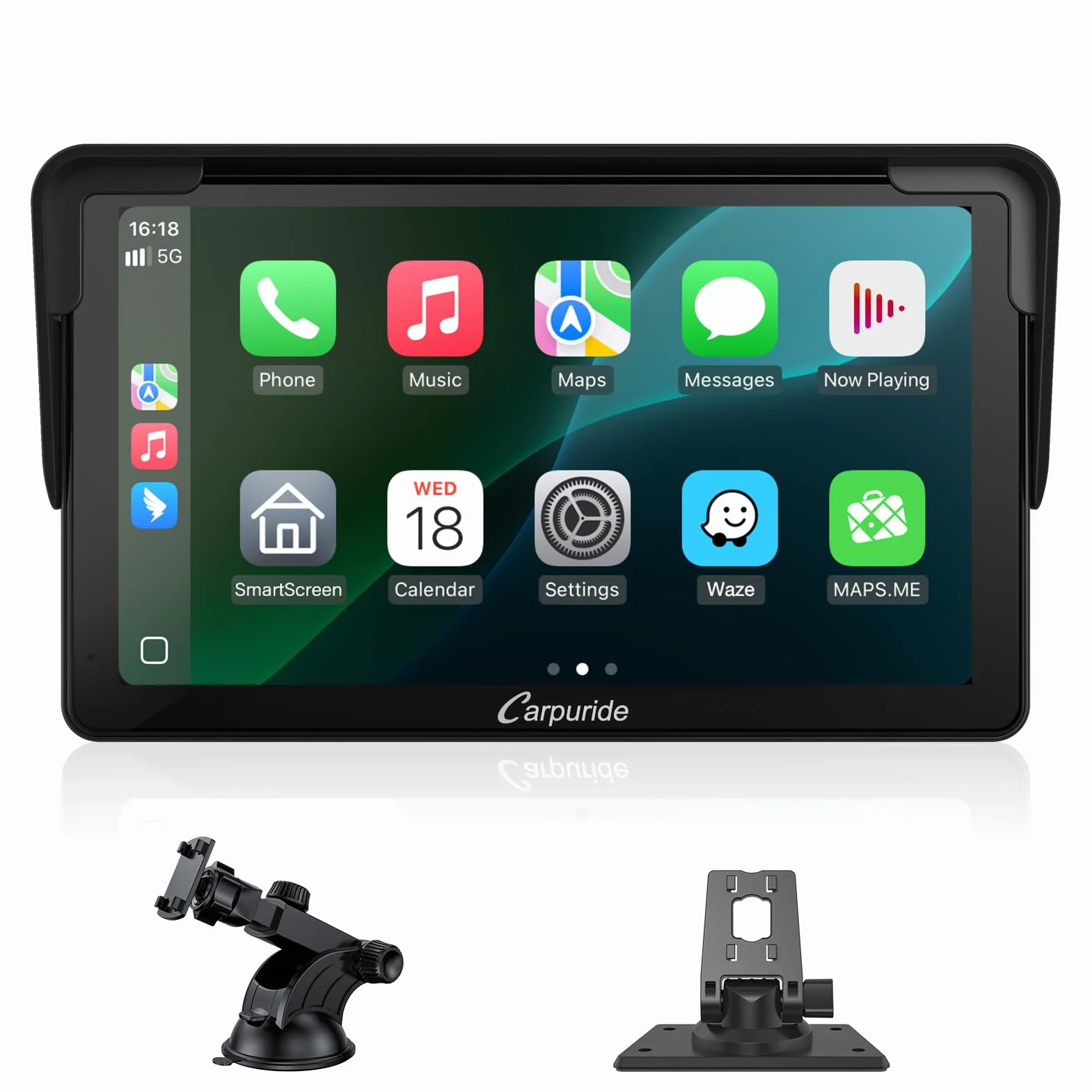 Carpuride Samochodowe stereo, przenośne bezprzewodowe Carplay i Android Auto, 7-calowe radio z ekranem dotykowym 1080P HD z BT 5.0, lusterko łączące wsparcie ciężarówki RV Dash Mount