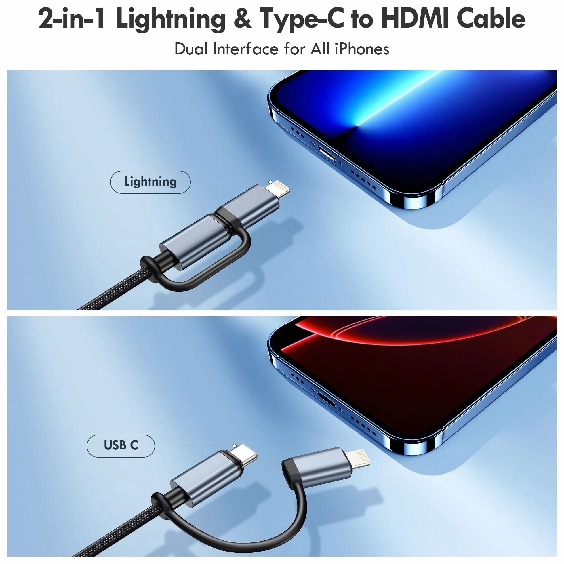 lulaven Kabel Lightning i typ C do HDMI 2 w 1, 4 m, kabel HDMI do iPhone'a, podwójny interfejs do wszystkich iPhone'ów (16/15/14/13/Pro/Max) i iPad Pro/Air, 1080p HD, synchronizacja wideo i dźwięk