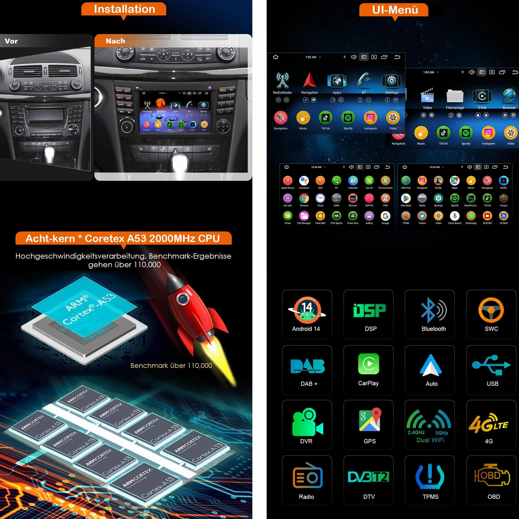 Erisin 8-rdzeniowy 4 GB + 64 GB 7 cali Android 14 radio samochodowe Nawigator GPS do Mercedes Klasy E W211 CLS W219 CarPlay bezprzewodowy Android Auto Bluetooth 5.0 WiFi DSP Dab+ FM RDS ekran dotykowy