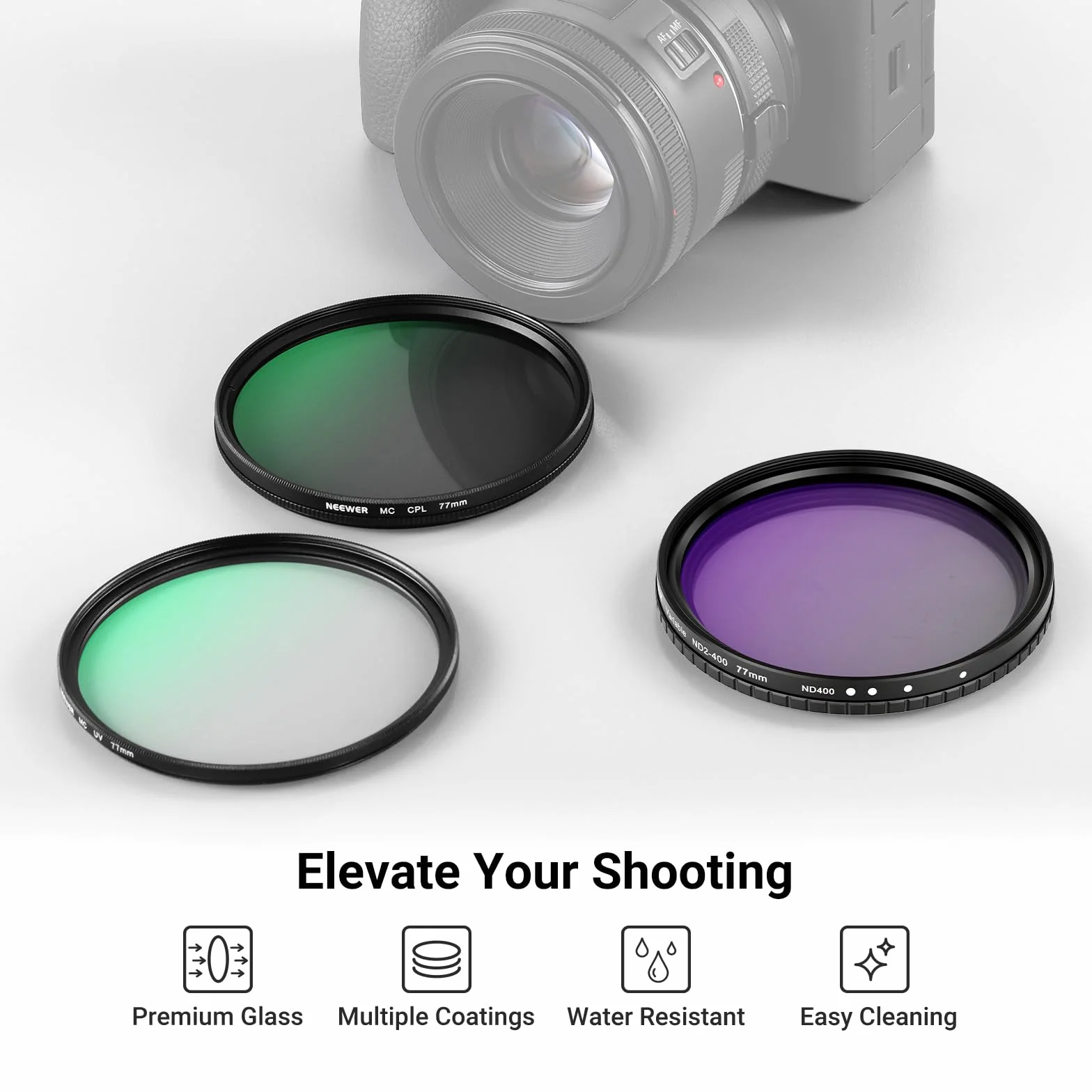 NEEWER 77 mm zmienny ND + CPL + filtr UV, zestaw 3 sztuk, wielokrotnie ulepszony filtr szary (ND2-400), okrągły filtr polaryzacyjny do aparatu, obiektyw polaryzacyjny, akcesoria fotograficzne z torbą