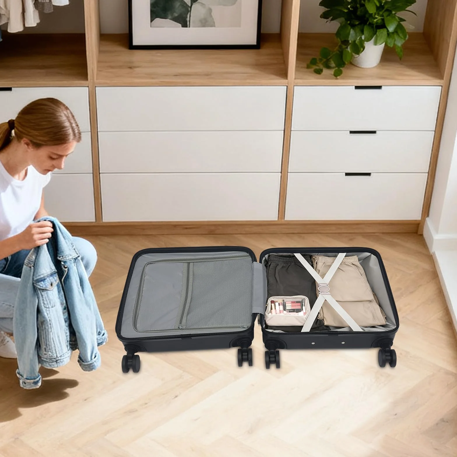 Business Trolley bagaż podręczny 18 cali z kieszenią na laptopa, walizka z kółkami i zamkiem szyfrowym, port USB, kieszeń przednia 180°, walizka pilotka na podróż służbową, czarna, czarny