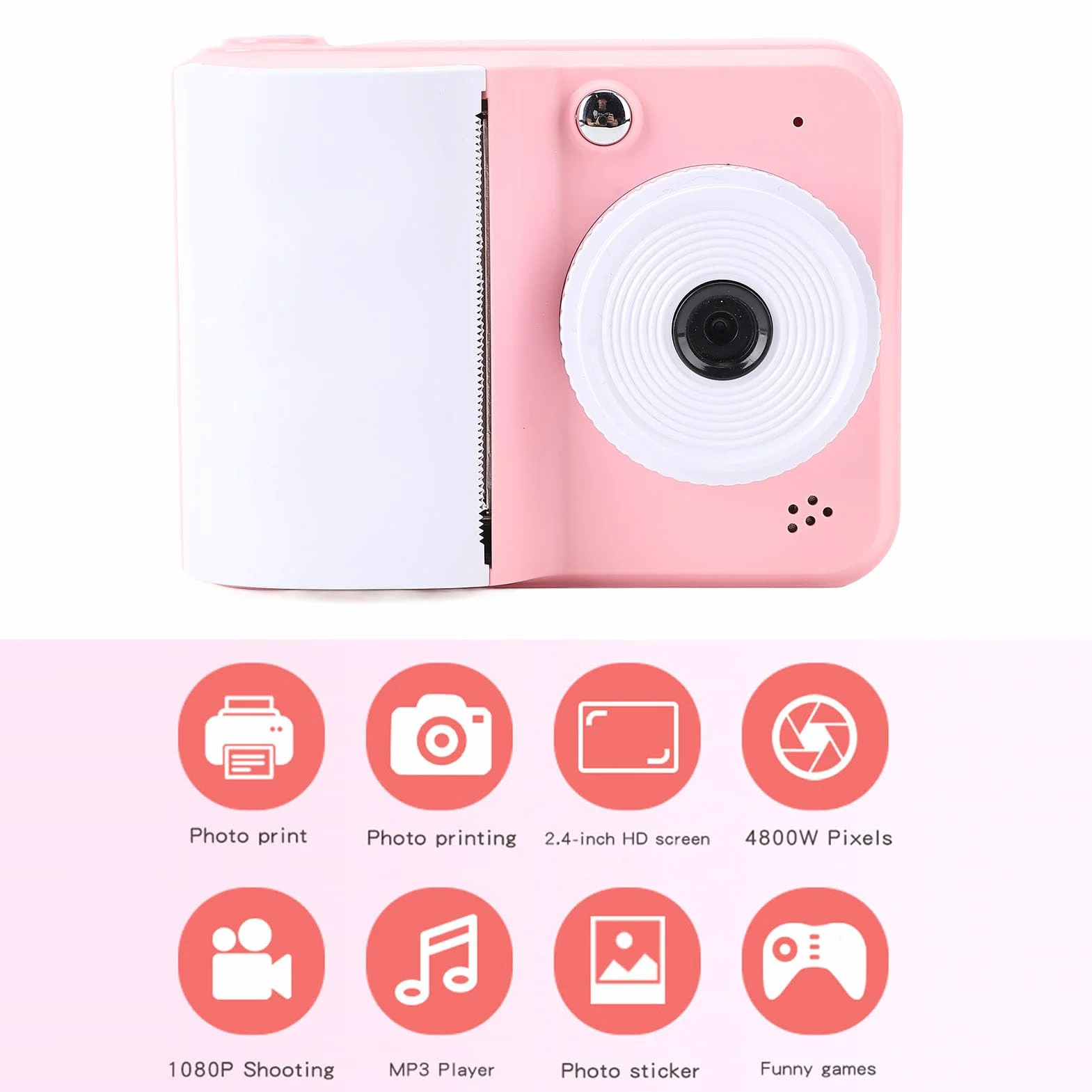 Instant Print Camera dla Dzieci, Wideo 1080p HD i 48MP Zdjęcie 2,4 -calowe Ekran Instant Camera z Papierem do Druku, Natychmiastowy Druk dla Dzieci, Aparat Cyfrowy dla Dziewcząt (PINKK)