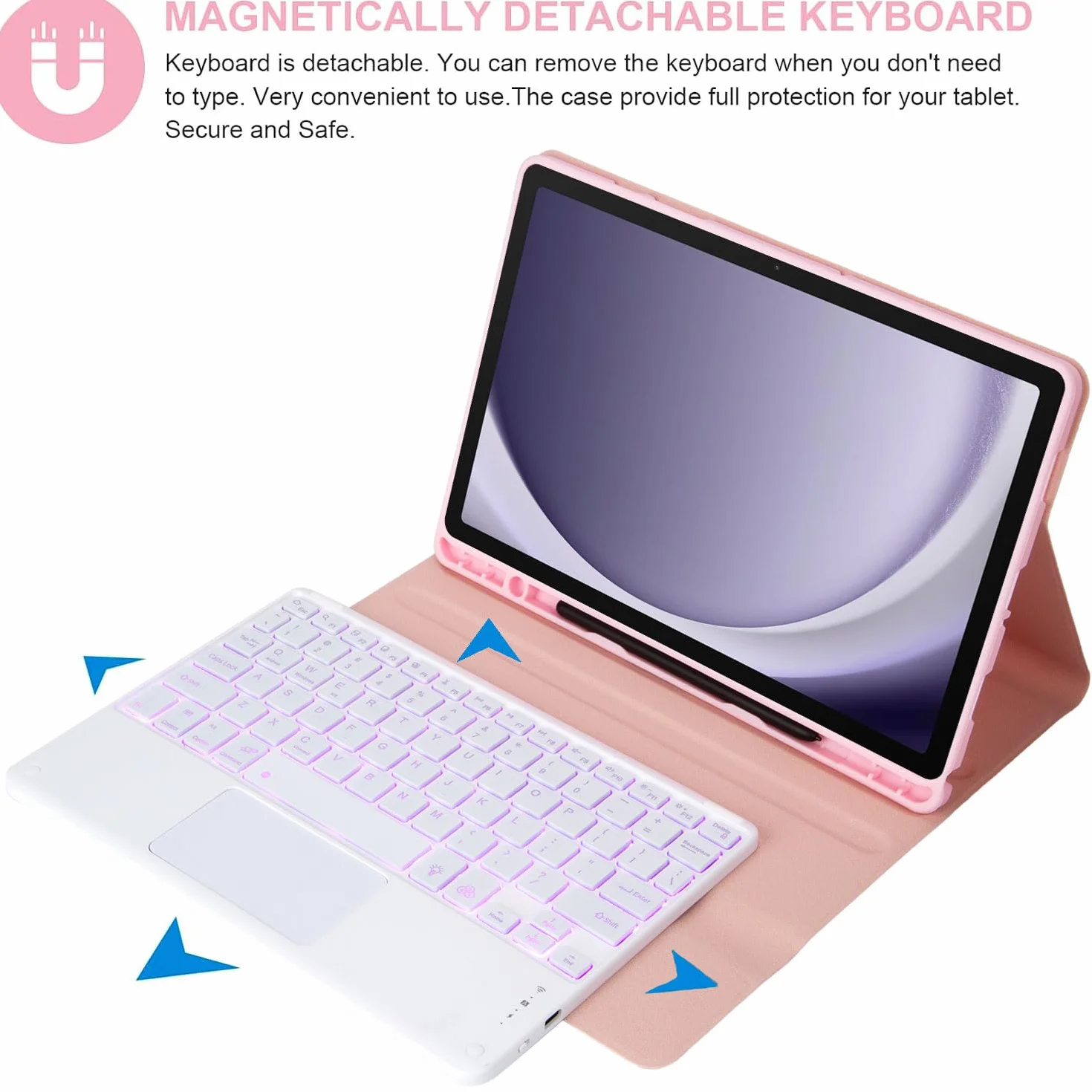 Keyboard Case for Samsung Galaxy Tab S9 FE 10,9 Cala/S9 2023/S8 2022/S7 2020 11 Cali, Z Touchpadem, Odłączana Bezprzewodowa, 7-Kolorowa Podświetlana Klawiatura Z Uchwytem Na Pióro S,Pink