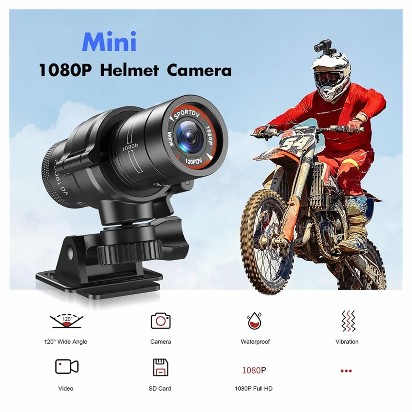 Sportowa Kamera Rowerowa Wodoodporna Kamera DV Action Video Na Deskę Rozdzielczą Motocykl Motor Motion Kask Kamera Rejestrator Jazdy Samochodem Przejrzystość Precyzja(Cam add 64gb card)