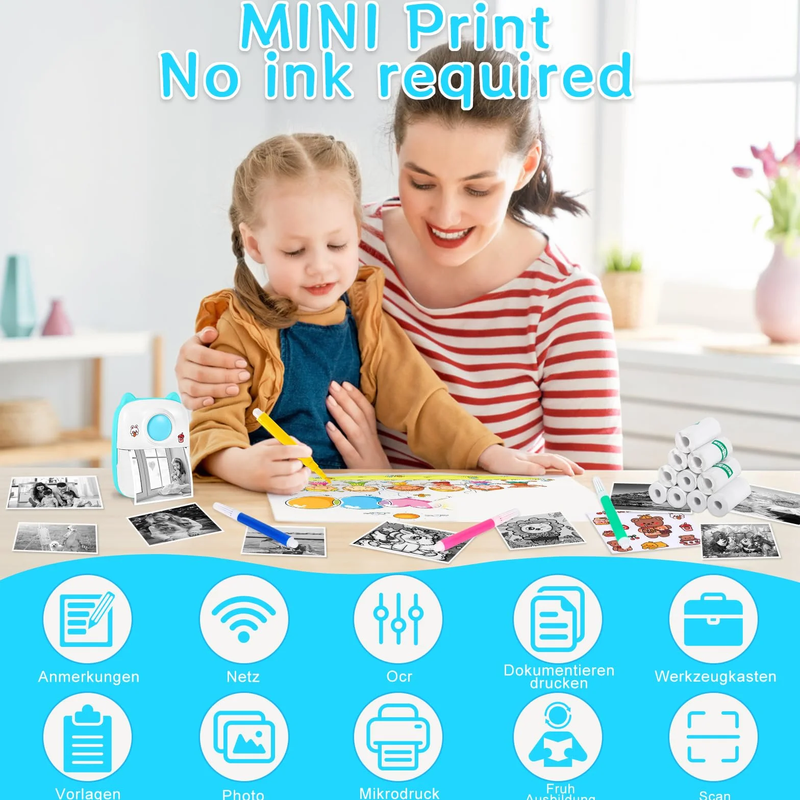 XINGGANG Mini drukarka, mobilna drukarka fotograficzna, przenośna mini drukarka fotograficzna, bezprzewodowa drukarka fotograficzna, drukarka Bluetooth, pomoc w nauce, notatki, dziennik, notatki