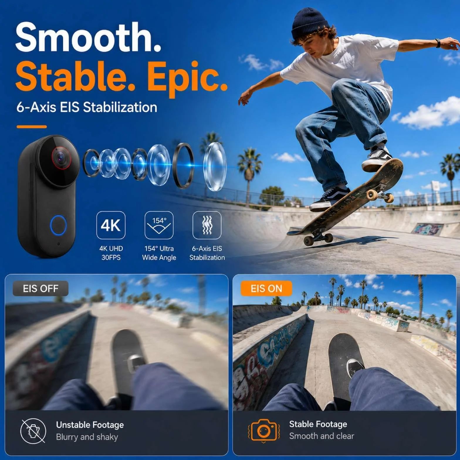 4K Ultra HD Action Cam, 6-osiowa elektroniczna stabilizacja obrazu, obiektyw szerokokątny 154°, wodoszczelna kamera sportowa z Wi-Fi, 5 godzin pracy baterii z etui ładującym (czarna, 64 GB)