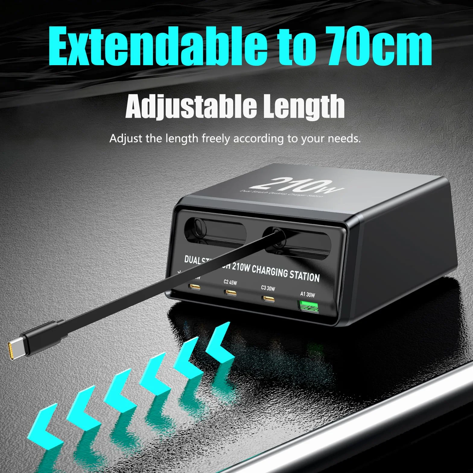 Ładowarka GaN 210 W z 2 wysuwanymi kablami, 6-portowa stacja ładująca USB C (5C+1 A), podwójne porty 45 W do MacBooka i laptopa, szybkie ładowanie ładowarka podróżna do domowego biura, do iPhone'a, Samsunga, iPada