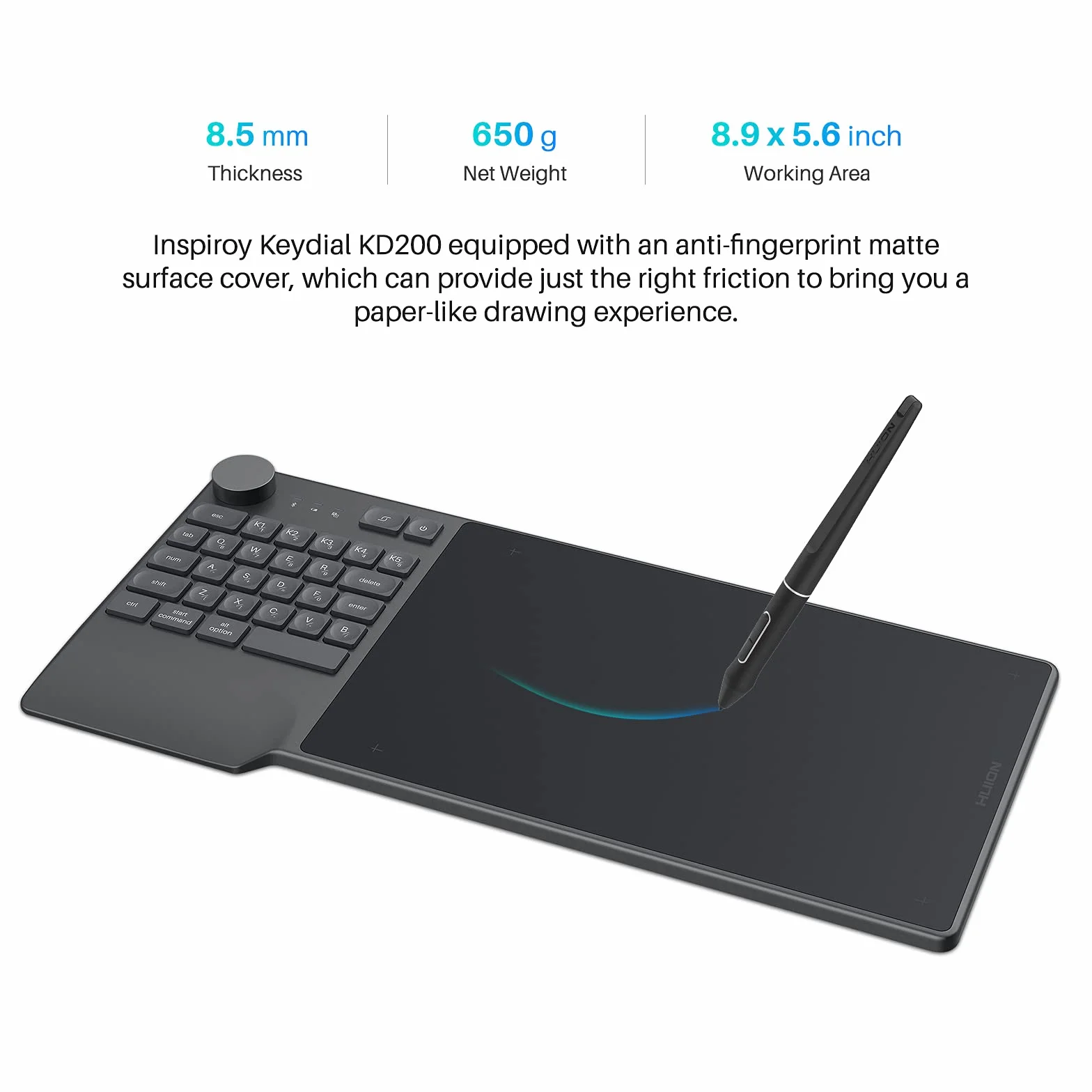 Huion Graphics Tablet Inspiray Brenial KD200 Bluetooth 5.0 8,9 x 5,6 Calowa taca pióra w połączeniu z klawiaturą i sterownikiem wybierania, odpowiedni dla początkujących i profesjonalnych projektantów
