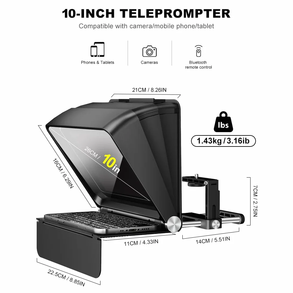 LENSGO Teleprompter do aparatu DSLR/SLR, 7,9''Mini Prompter APP kompatybilny z iOS/Android dla YouTube/nauczanie online/wywiad/transmisja na żywo, obsługa fotografowania obiektywu szerokokątnego 24-35
