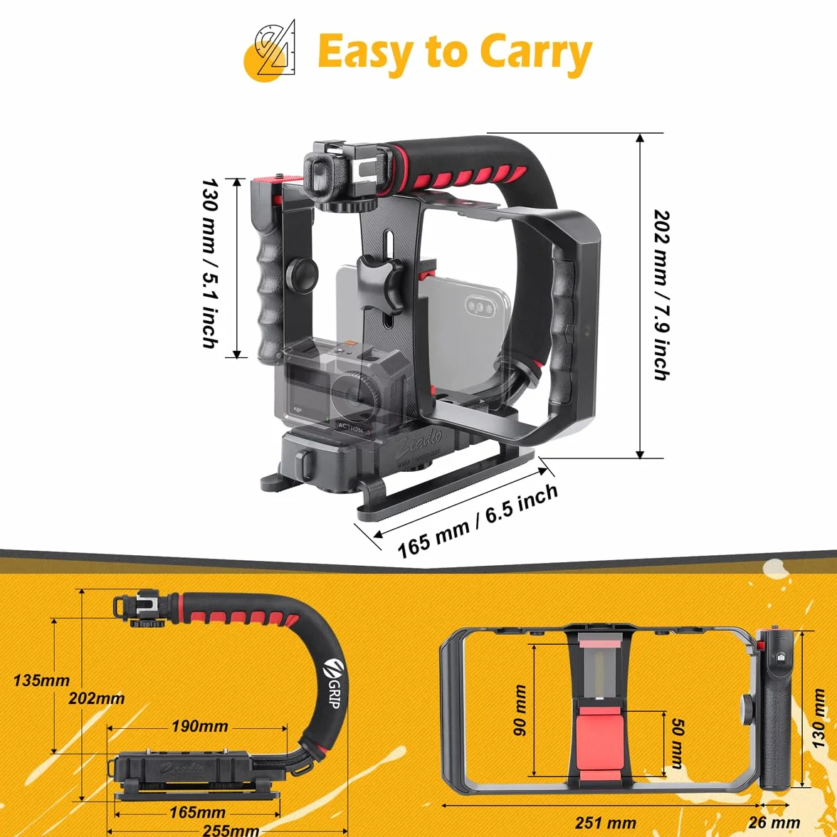 Zeadio Ręczny stabilizator wideo ze smartfonem klatka wideo, potrójny uchwyt zimnego buta kompatybilny ze wszystkimi kamerami akcji DSLR Smartphone