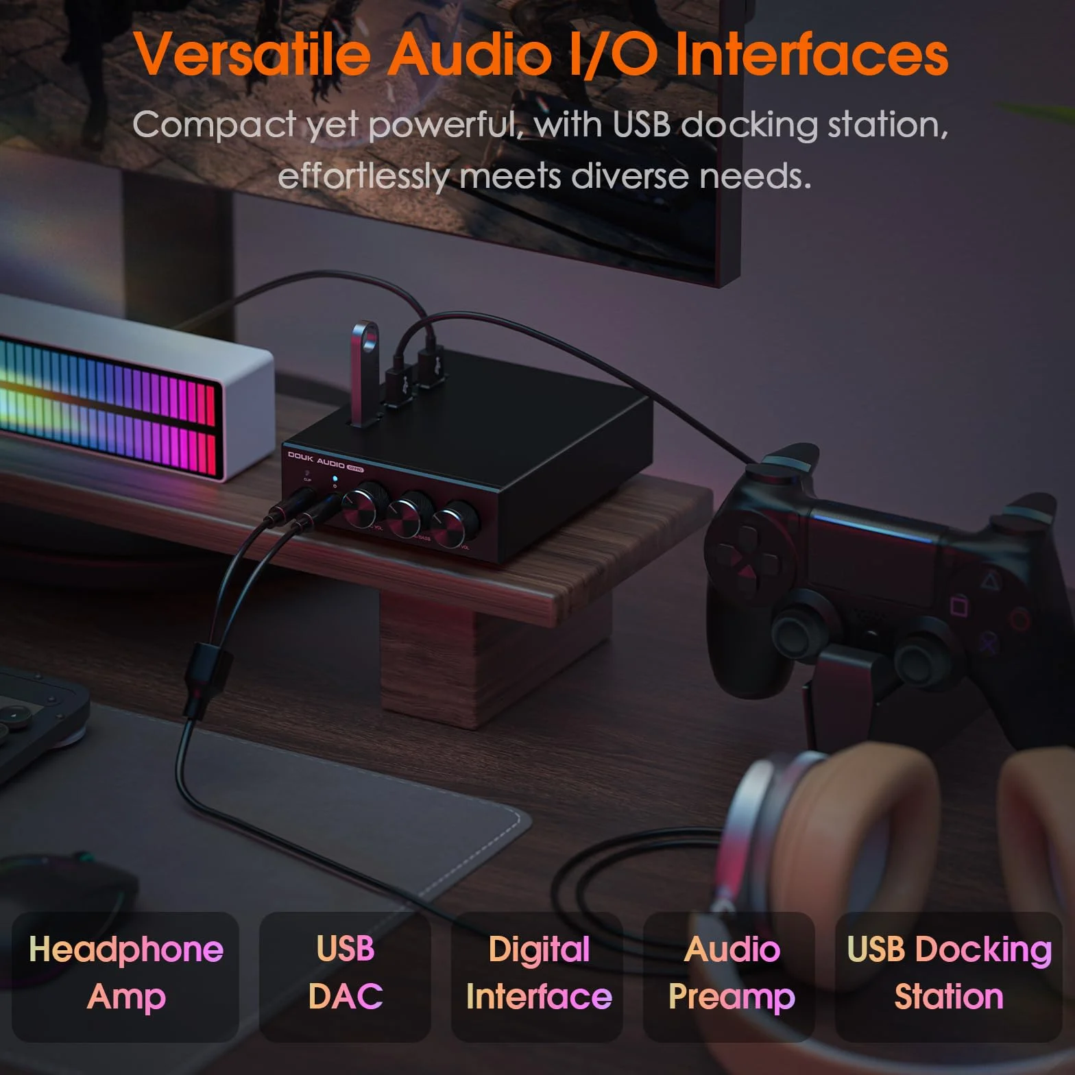 Mini Stereo Gaming DAC z wejściem mikrofonu: wzmacniacz słuchawkowy, USB/optyczny przetwornik D/A, 32-bit/192 kHz audio o wysokiej rozdzielczości do PC, PS4, Xbox, Switch (Douk Audio Q2Pro)