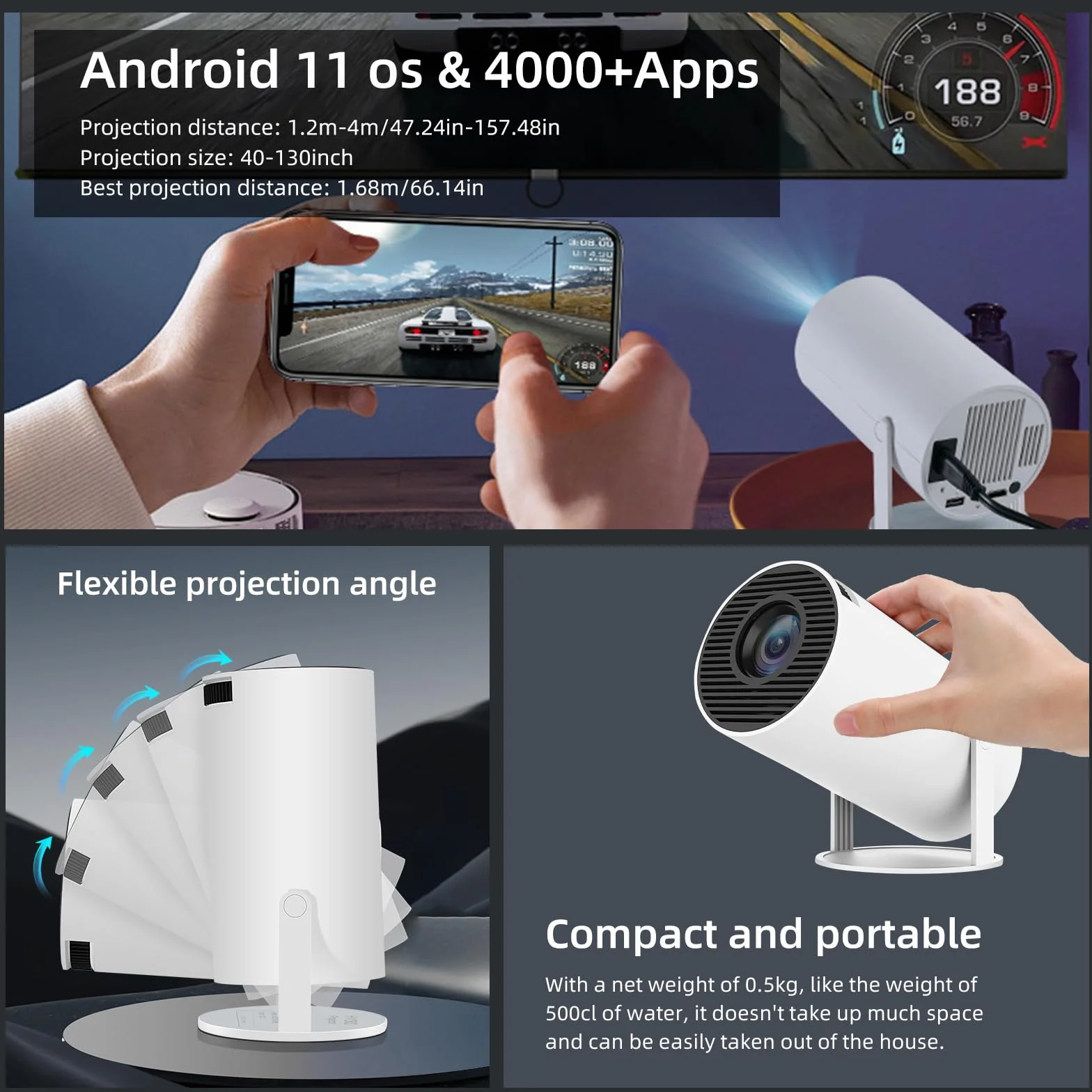 Mini rzutnik, Native 1080p z obsługą 4K, projektor z WiFi 6, BT5.0 Android 11.0 OS, obrót o 180 stopni, inteligentny projektor Full HD, mały przenośny projektor wideo LED, Bluetooth (biały 160ANSI)