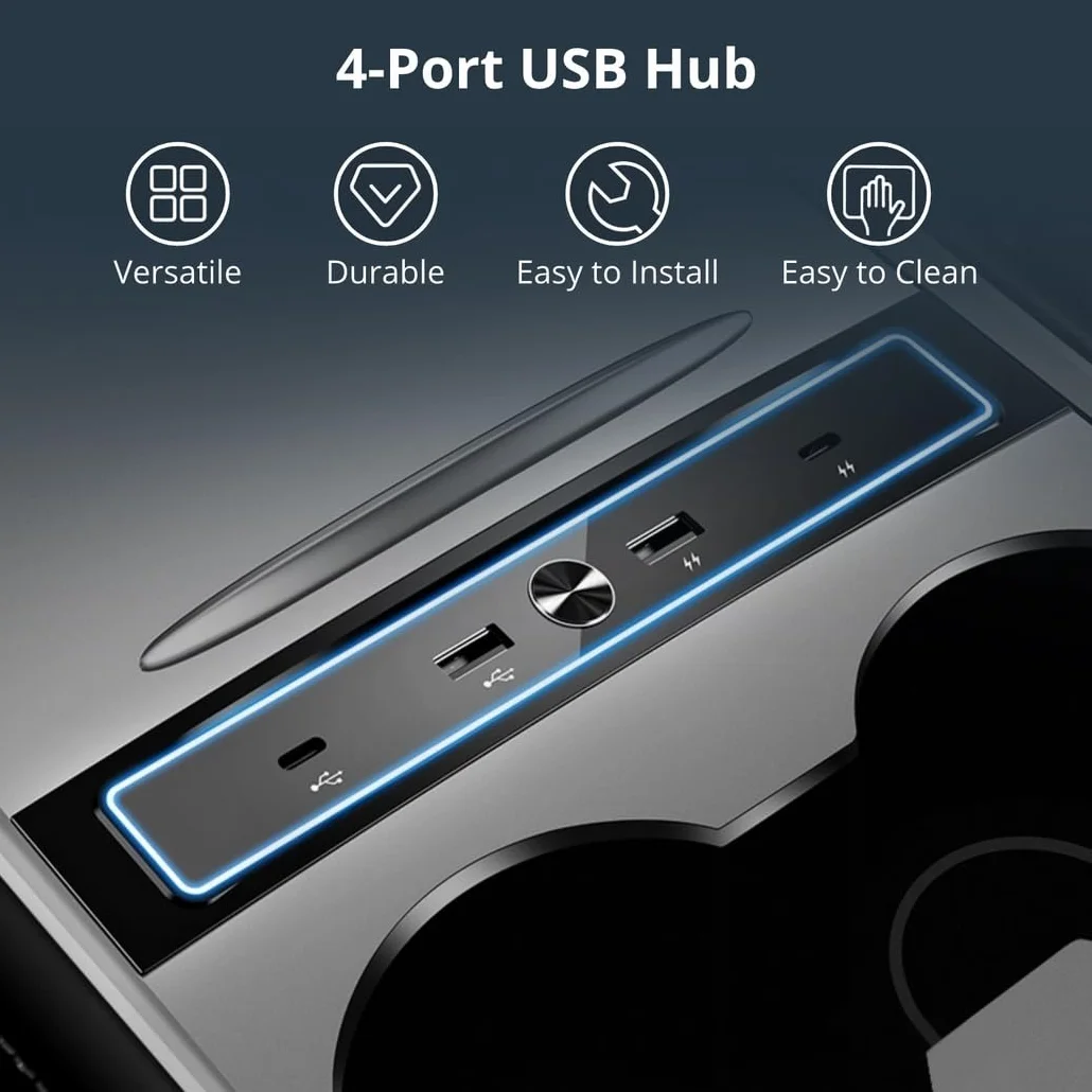 Hub USB do Tesla Model 3 i Model Y 2021 2022 2023, 4-portowa stacja dokująca USB do adaptera konsoli środkowej Tesla, wieloportowa stacja dokująca ze światłem LED do ładowania samochodu i transmisji