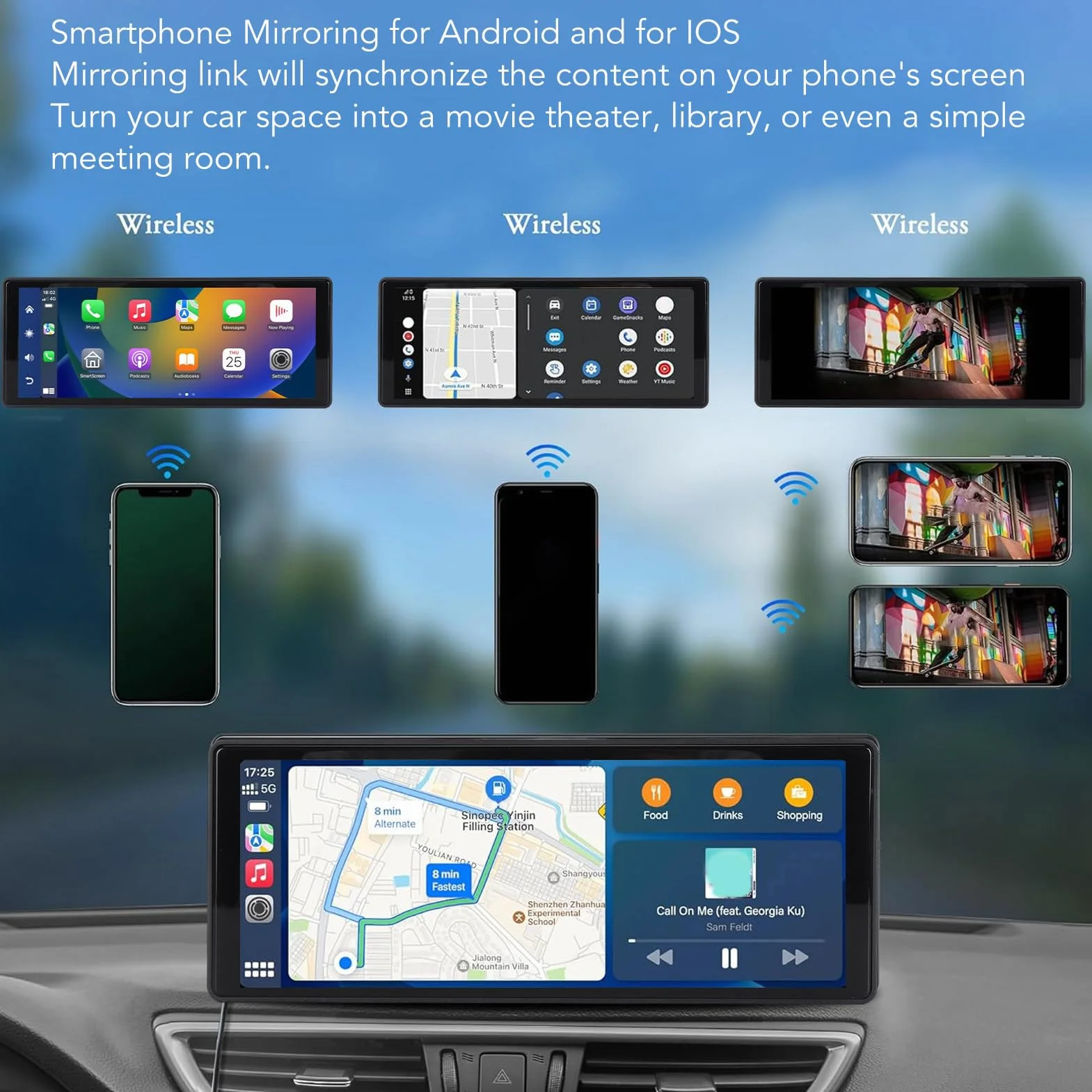 Bezprzewodowy Samochodowy Zestaw Stereo o Przekątnej 10,26 Cala do CarPlay dla Systemu Android, Przenośny Odtwarzacz Multimedialny z Ekranem Dotykowym IPS i kamerą Cofania 1080p,